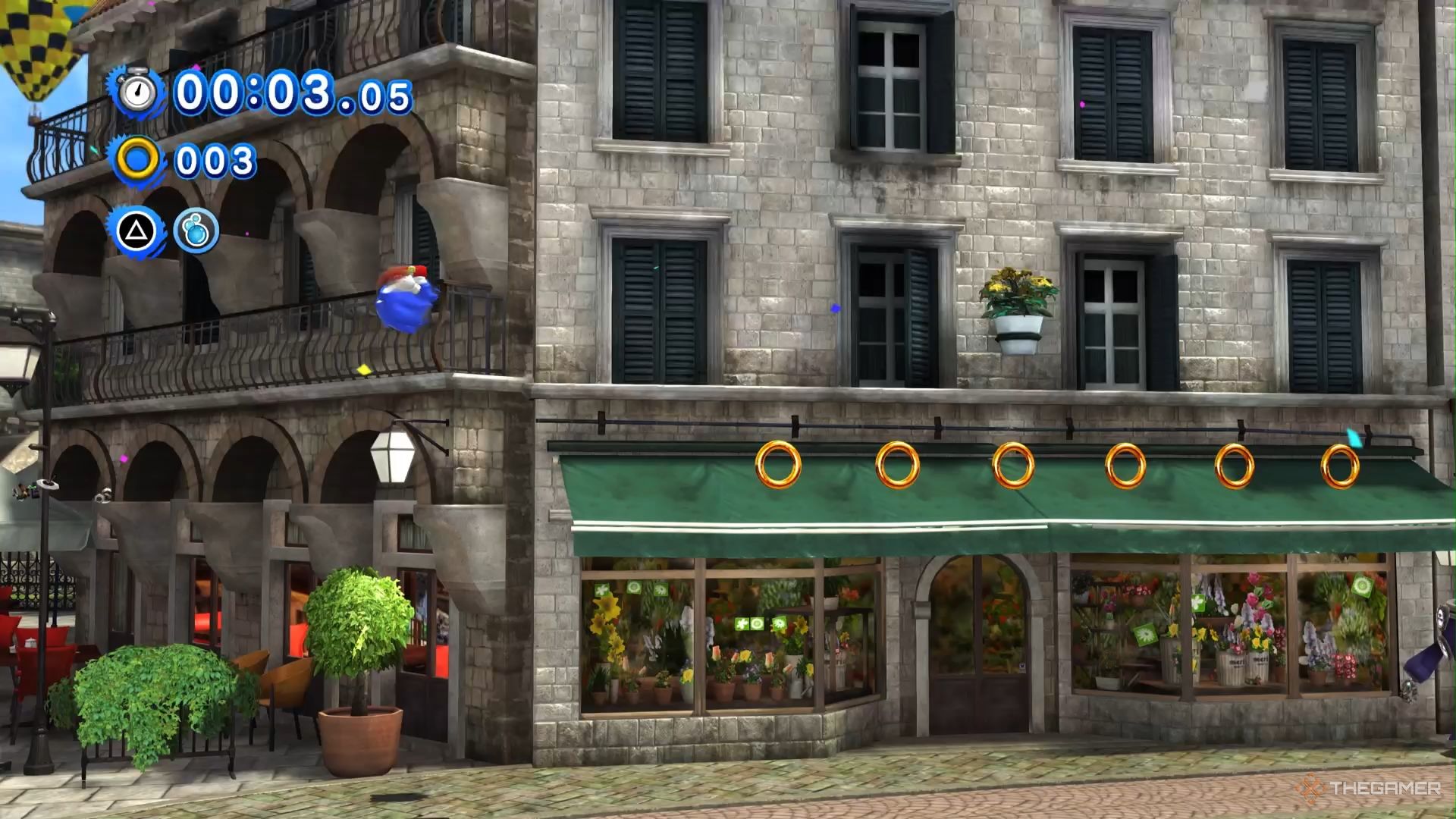 SONIC X SHADOW GENERATIONS Sonic jumping towards a green awning on a shop in rooftop run.