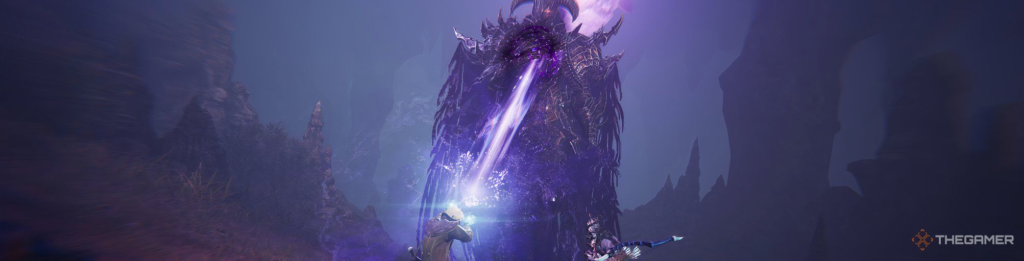 Epic battle scene with a massive armored dark creature towering over two warriors, one launching a purple beam, set in a misty, rocky landscape  in throne and liberty.