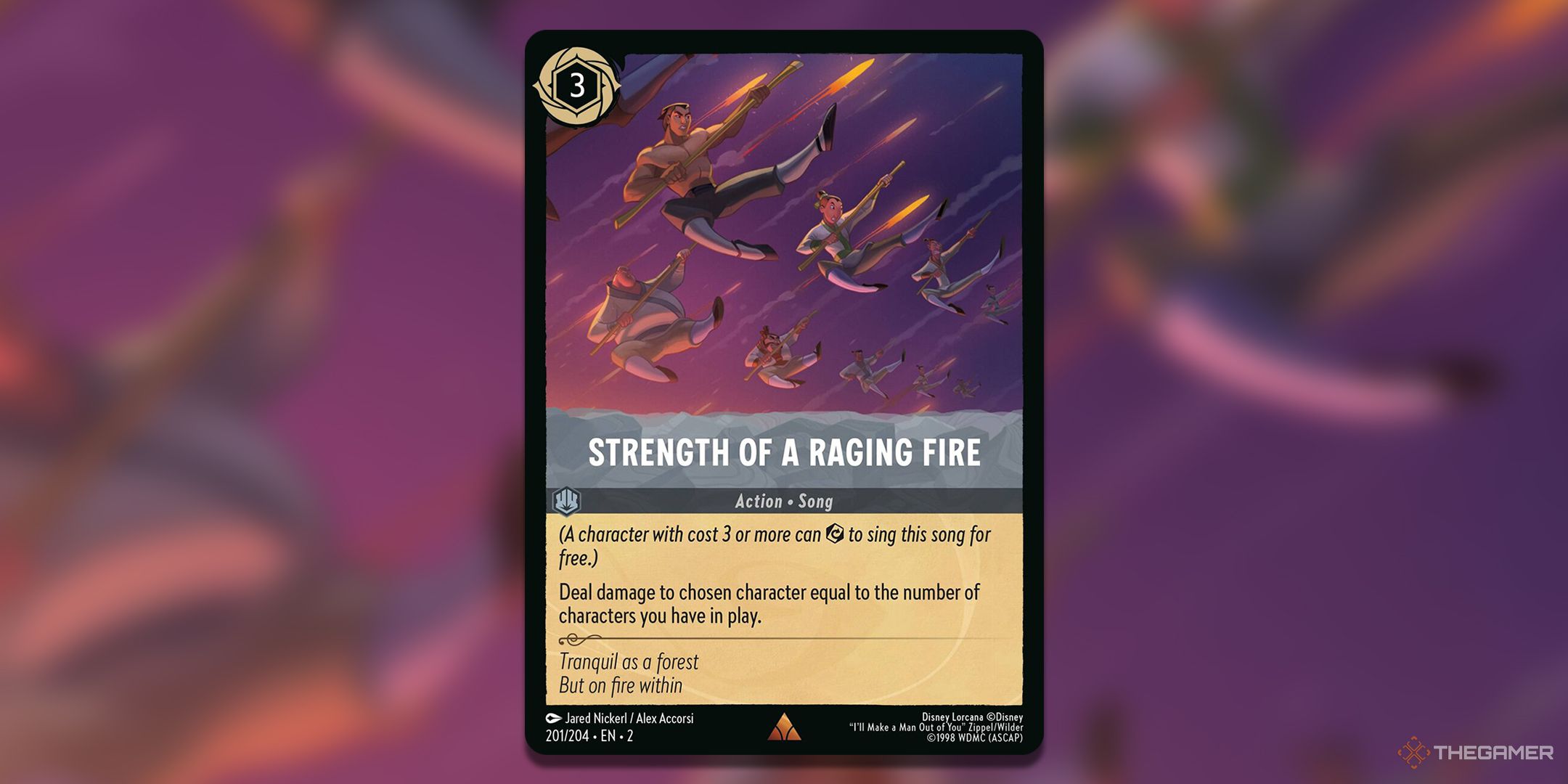 Strength of a Raging Fire Lorcana Card on a blurred background.