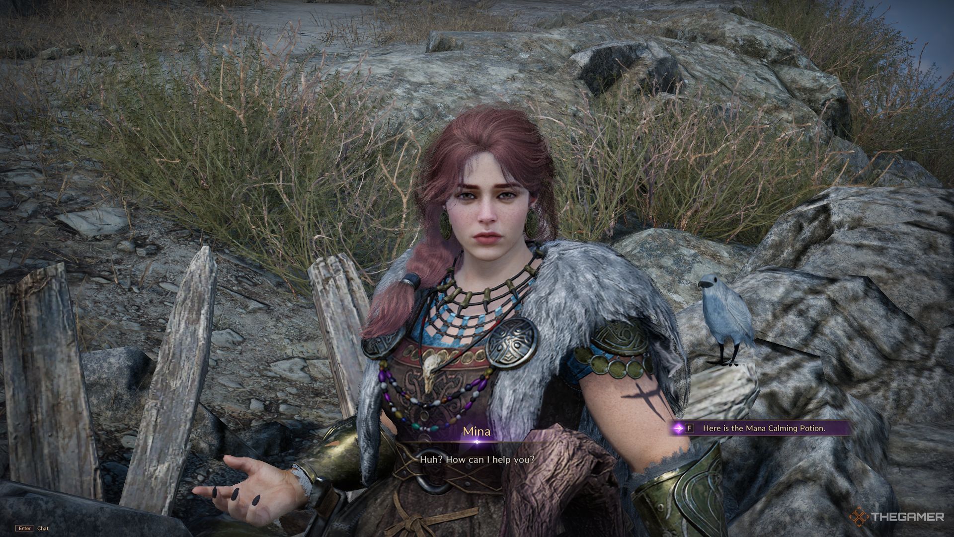 The player is giving the Mana Healing Potion to Mina.