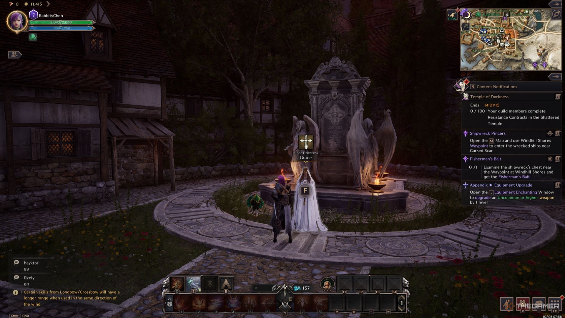 The player is talking to Einar Priestess in the town plaza.