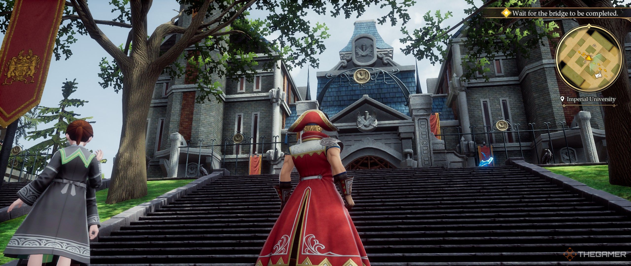 The player standing outside the Imperial University in Romancing Saga 2.