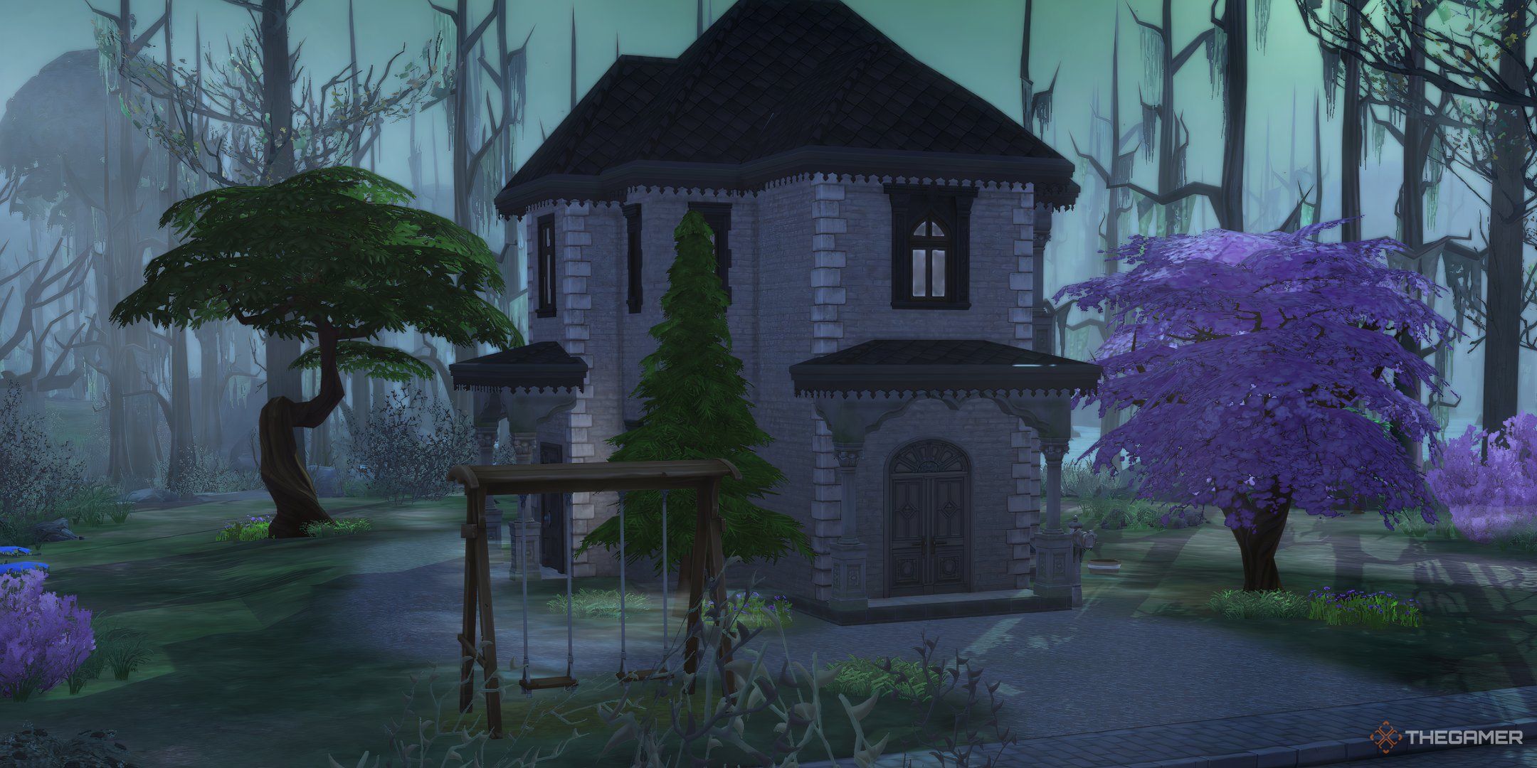 The Sims 4 life and death A Sims house with fog along the paths.