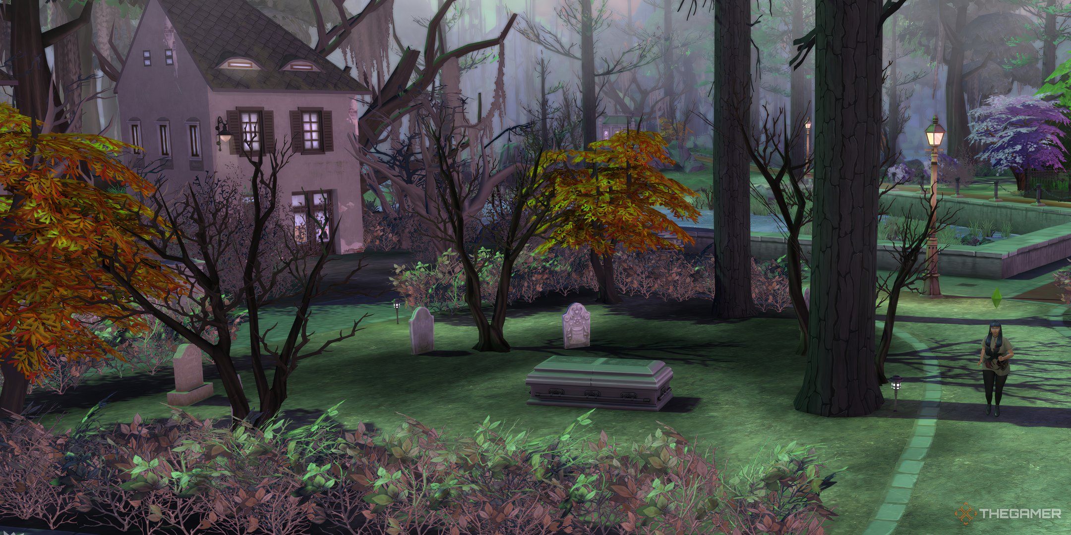 The Sims 4 Life and Death A Sim walking through the village past the coffin bed in the world.
