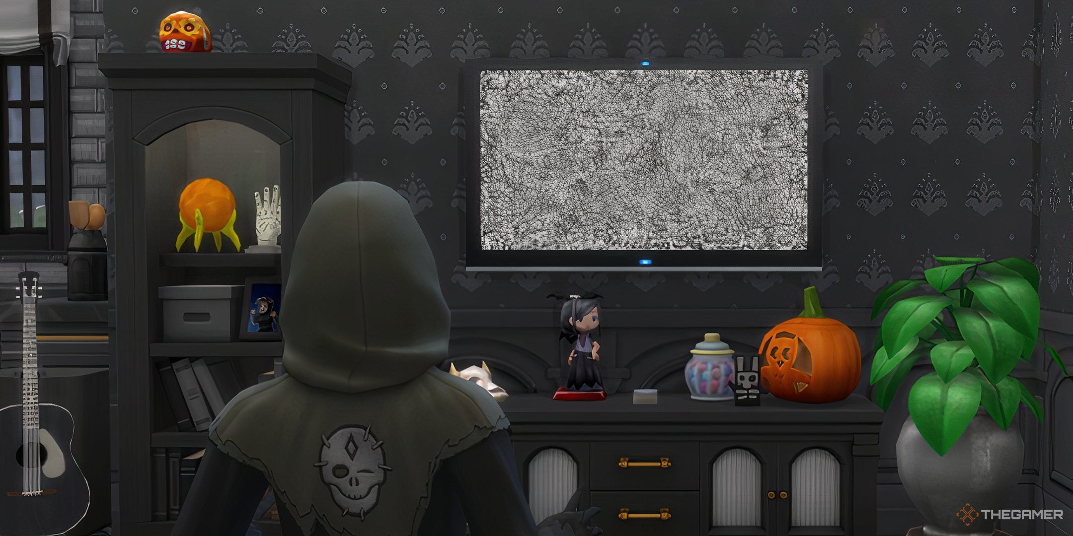 The Sims 4 life and death sim watching static tv channel.
