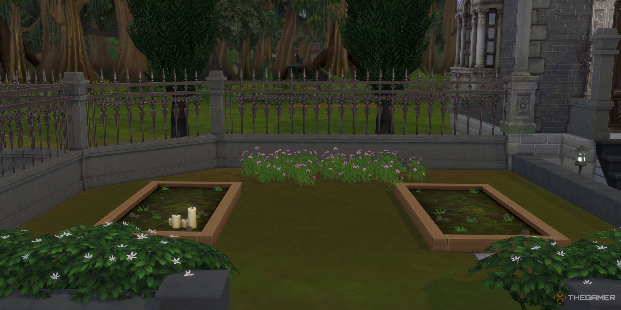 The Sims 4 life and death two cemetery grave plots side by side.