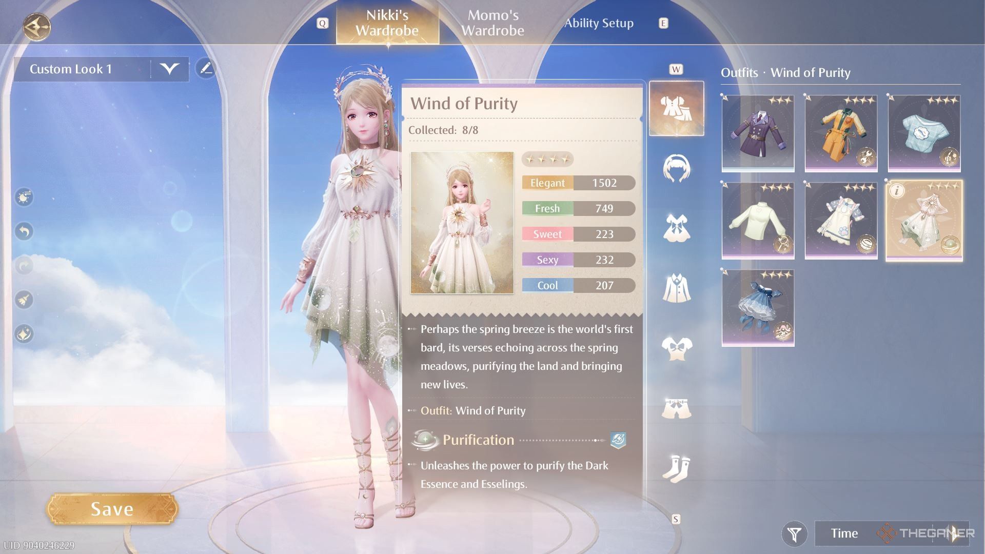 The Wind of Purity Purification outfit's stats in Infinity Nikki, with Nikki in costume behind them.