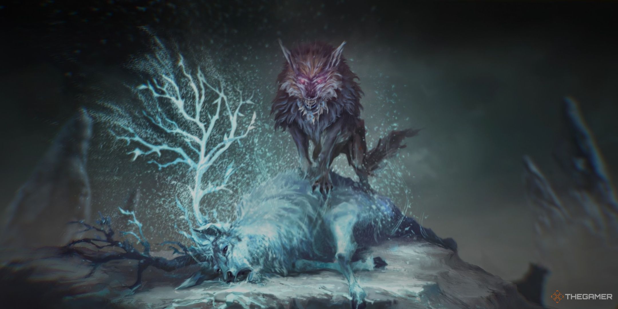 the wolf iskale over the body of the laslan spirit beast in throne and liberty.