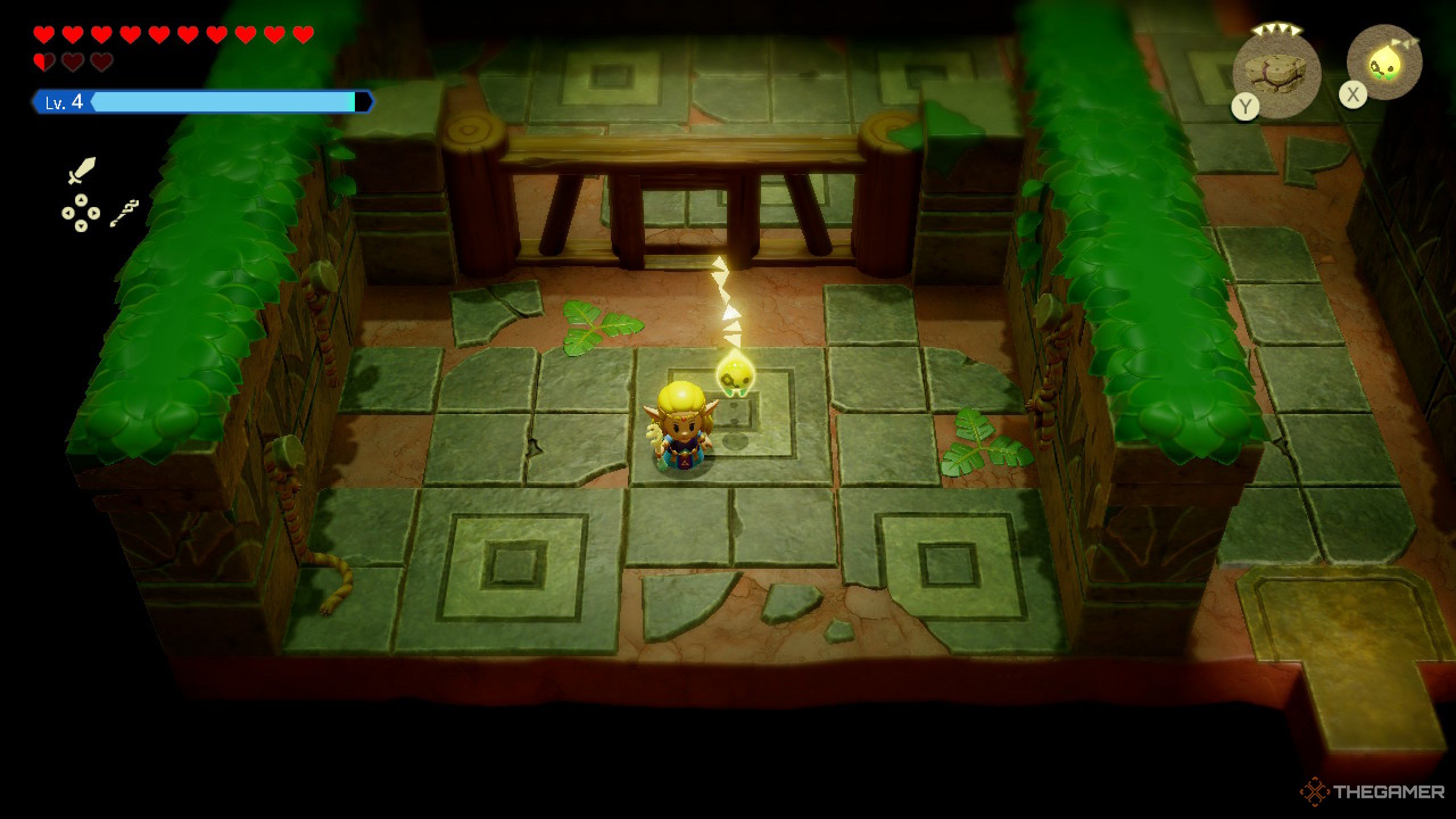 Zelda in a Deku prison cell while wearing the Blue Attire next to Tri.