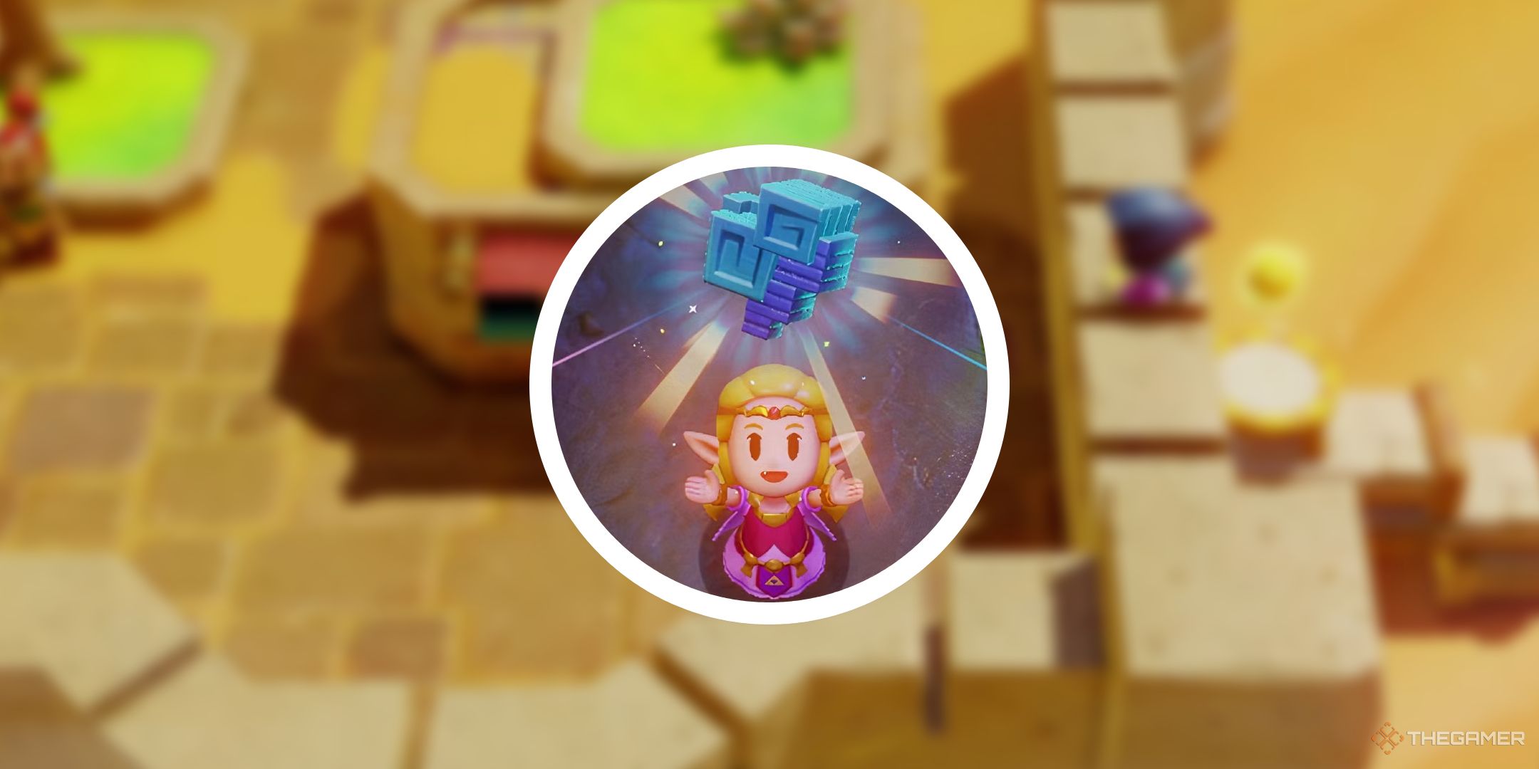 A blurry image of Gerudo Town with a cricle PNG showing Zelda get a Might Crystal.