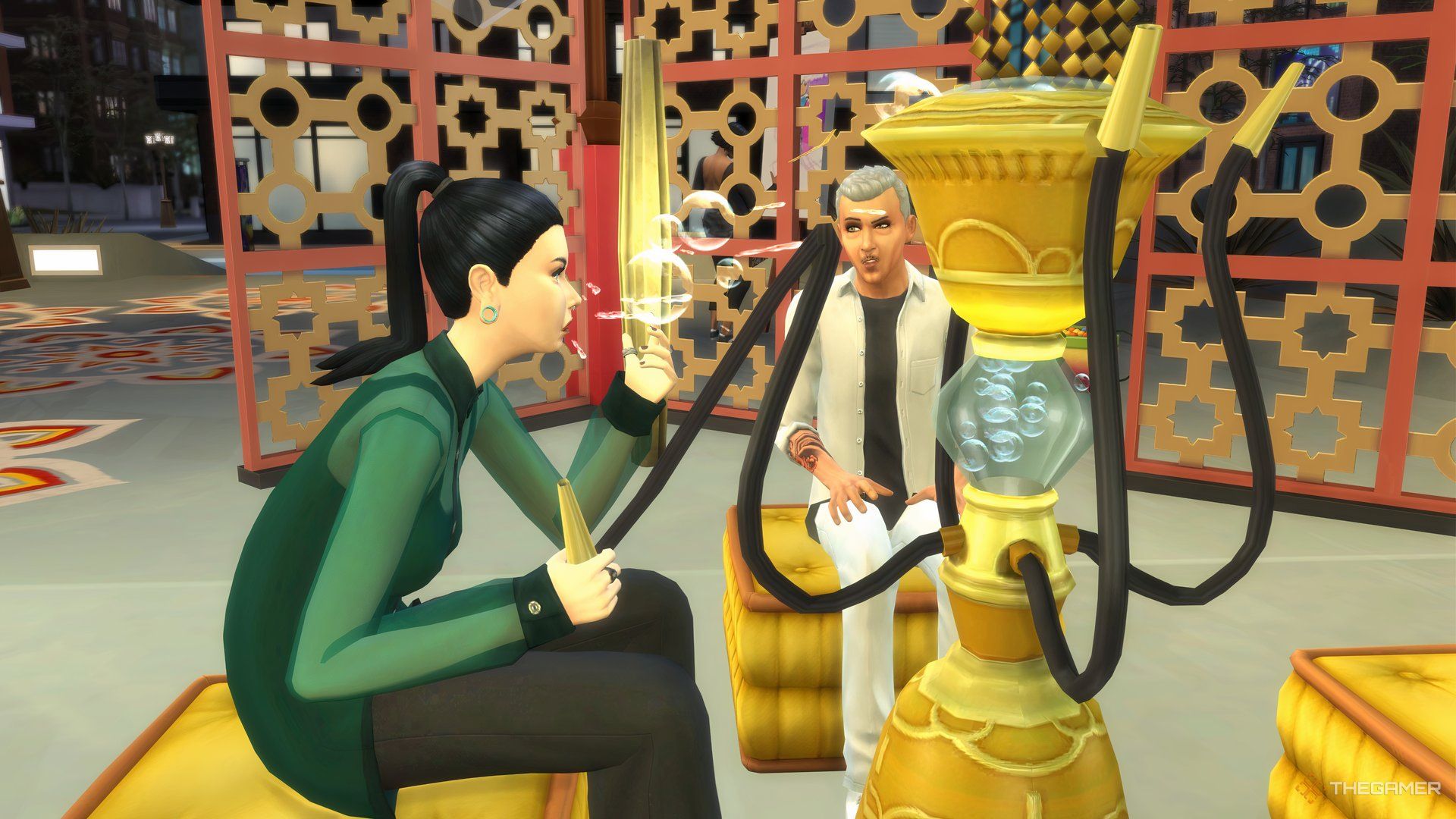 A Sim coughing while trying the bubbler at a festival in San Myshuno in The Sims 4.-1