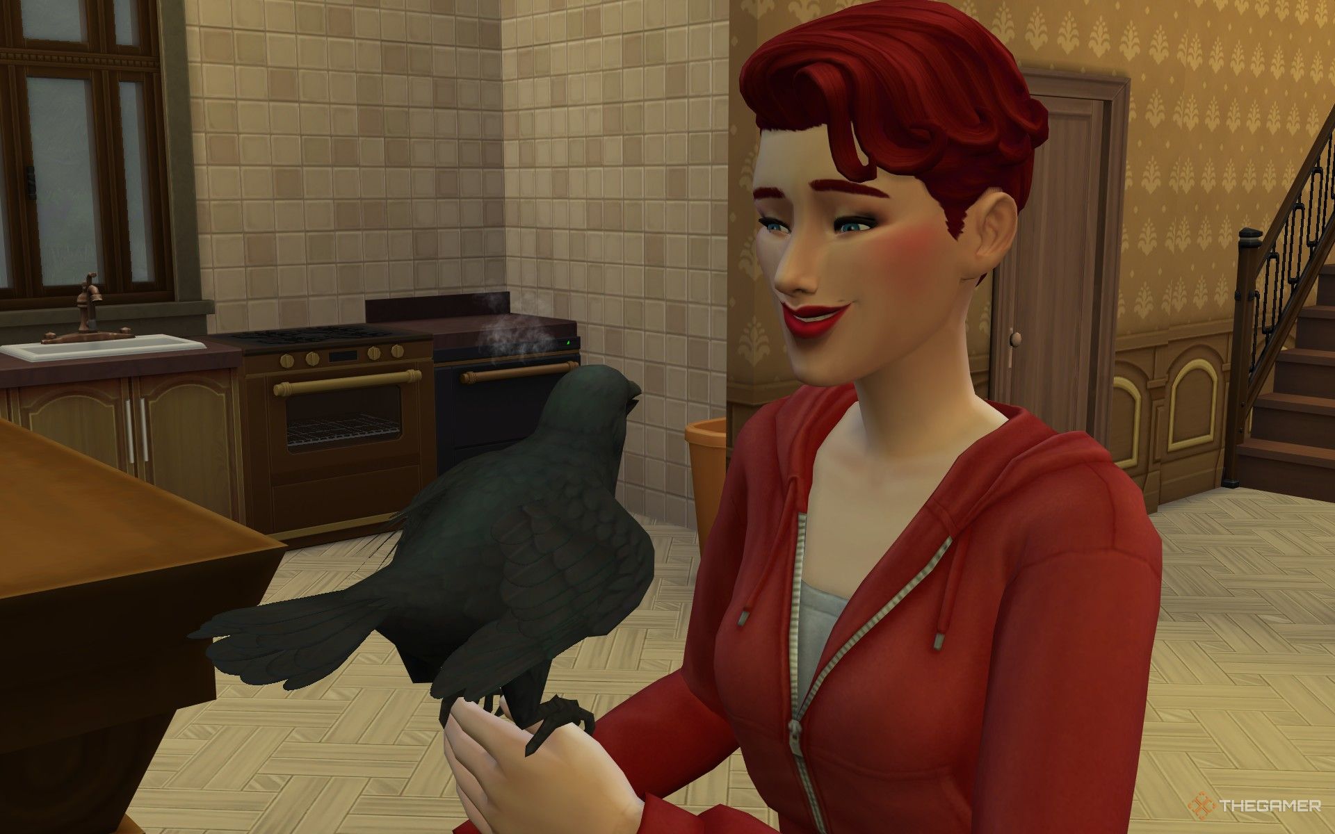 A Sim holding her pet crow in The Sims 4 Life and Death.-1