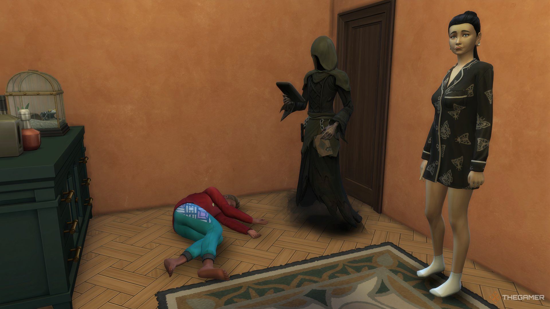 A Sim looking at the camera while Grim reaps a Soul in The Sims 4 Life and Death.