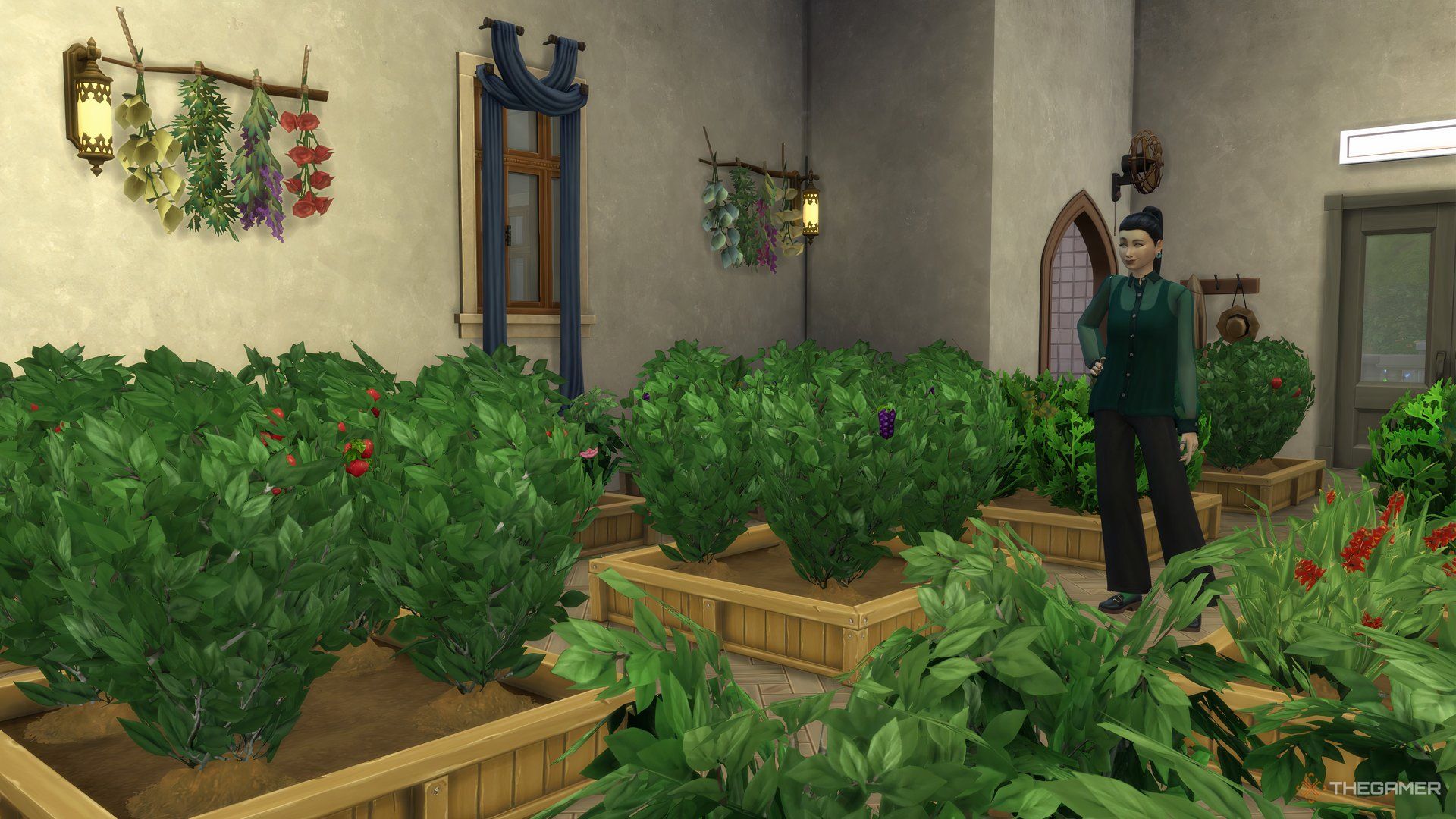 A Sim standing proudly in her lush garden in The Sims 4 Life and Death.