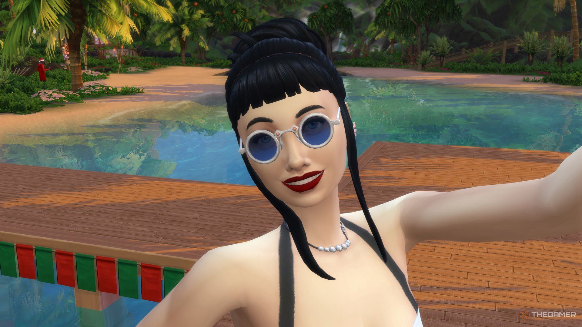 A Sim taking a selfie on a pier in Sulani in The Sims 4.