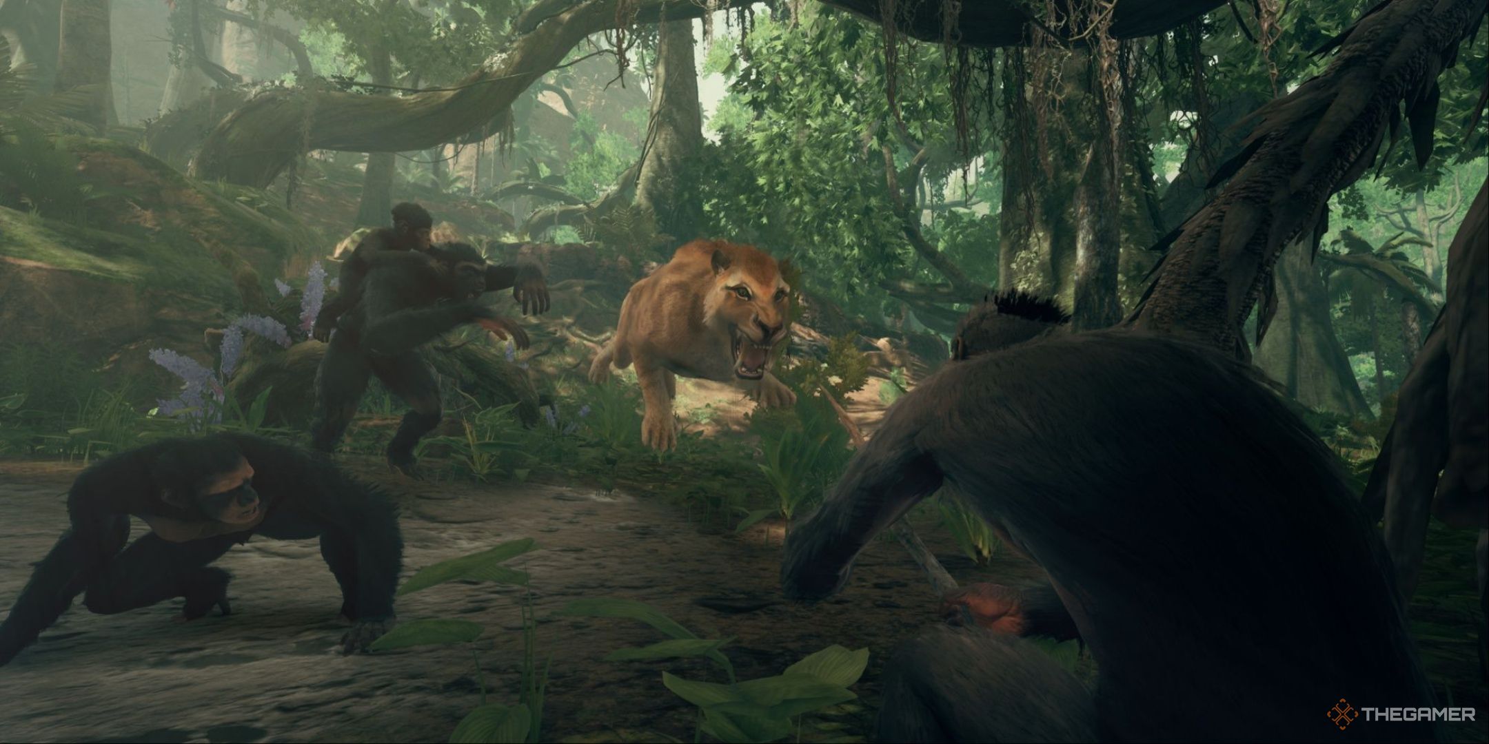 a group of hominids fight a tiger in Ancestors: The Humankind Odyssey.