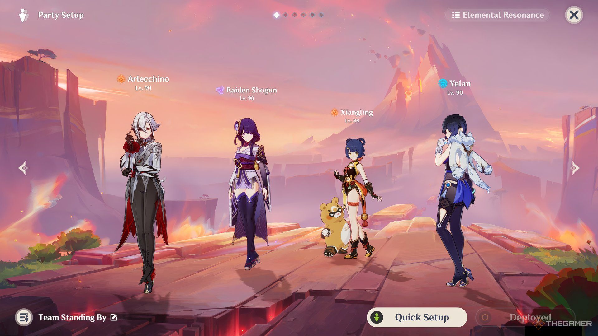 Arlecchino, Raiden Shogun, Xiangling, and Yelan from left to right in Genshin Impact.