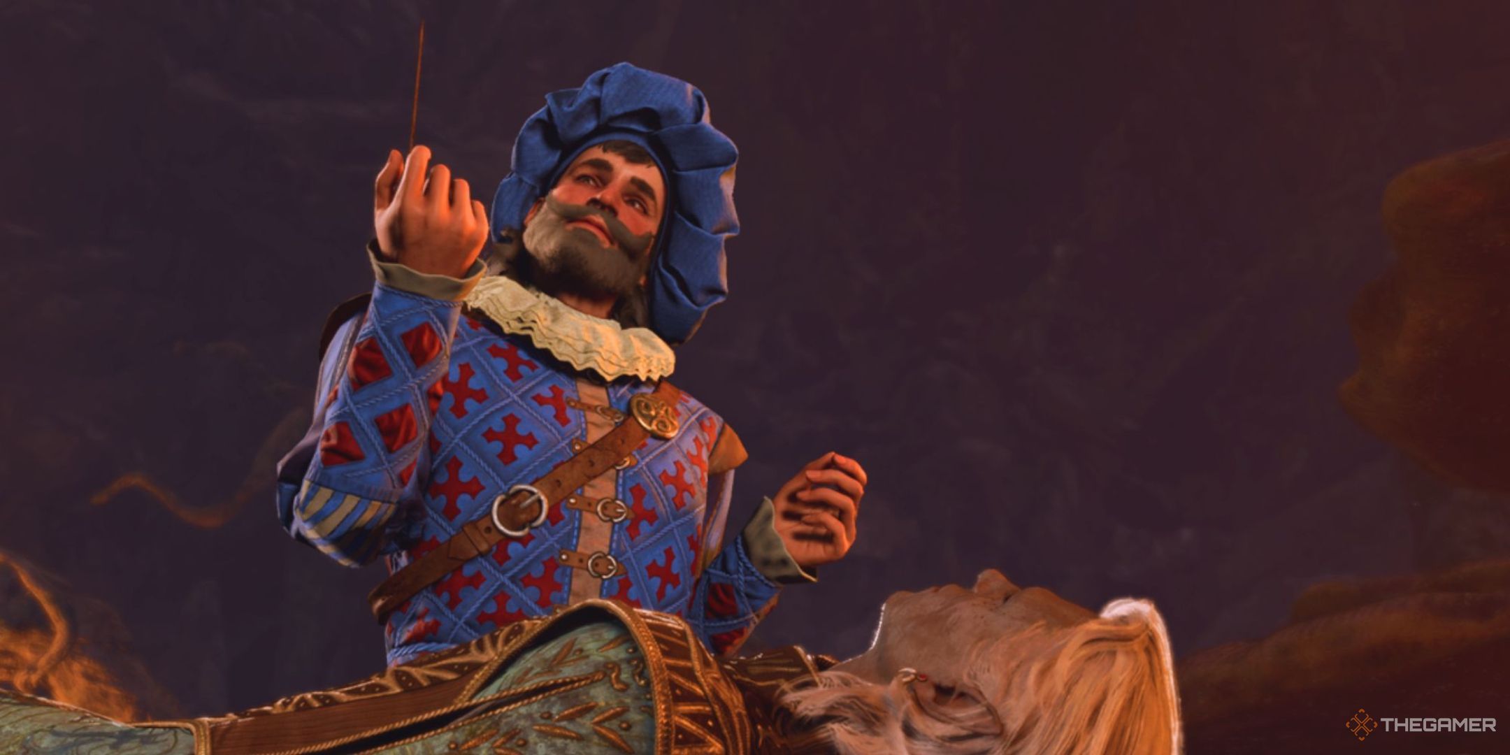 Volo uses a needle to try and extract Tav's illilthid tadpole in Baldur's Gate 3.