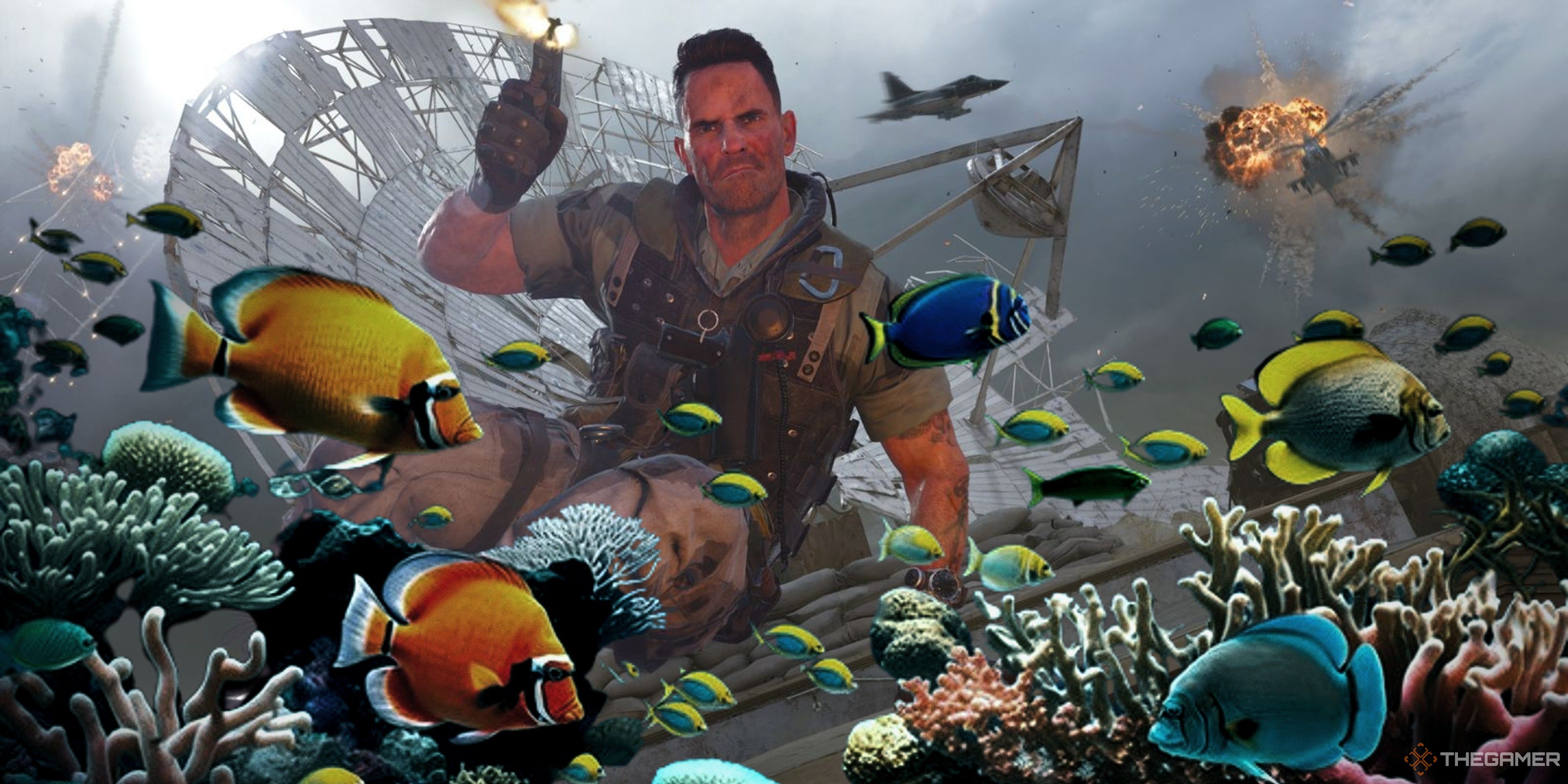 call of duty black ops 6 character holding up a flare with fish and coral in front of them