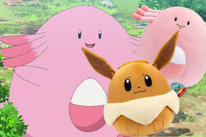 chansey looking at eevee and chansey squishmallows