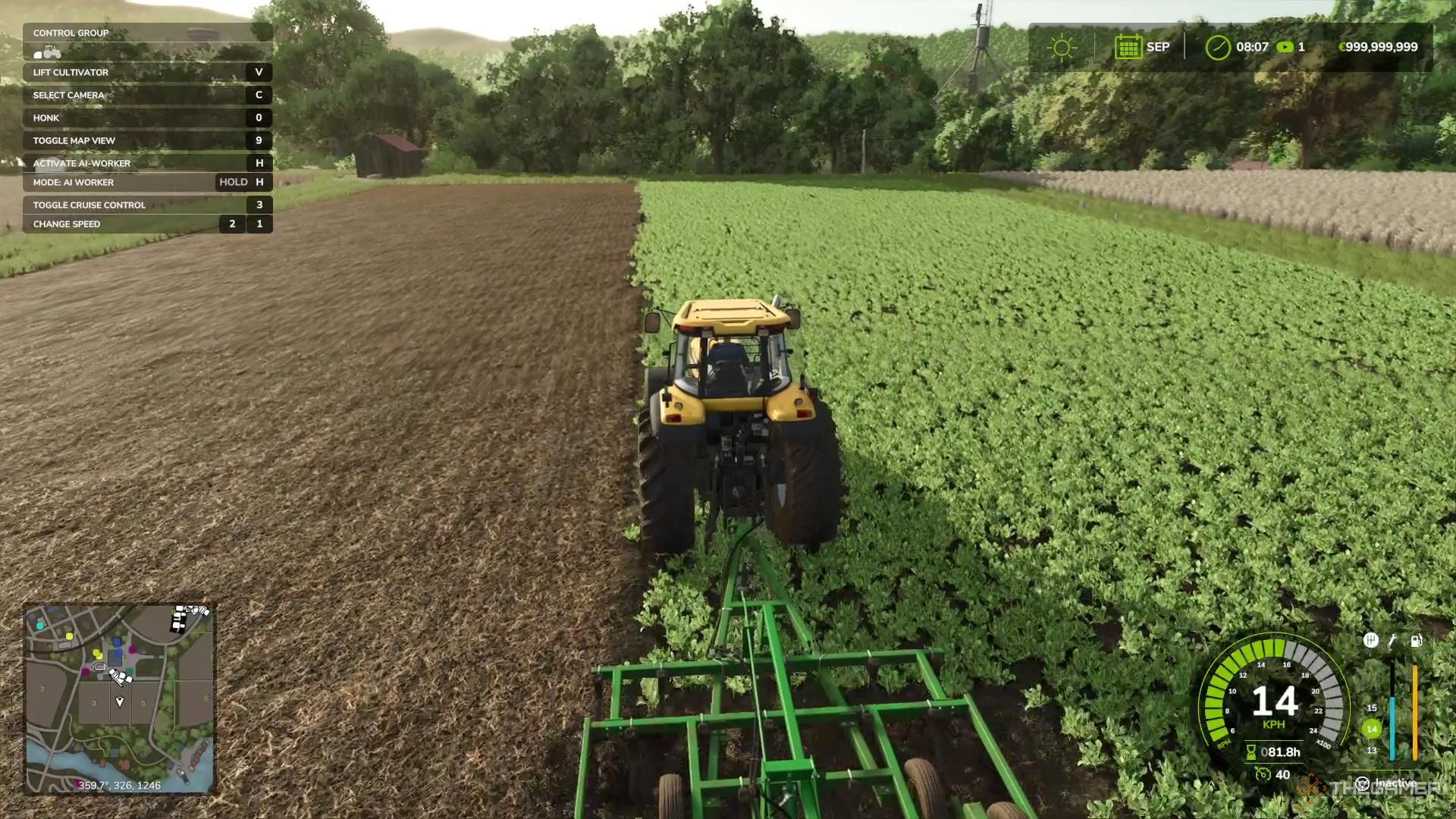 A tractor pulling a cultivator has halfway finished with a field of oilseed radishes.