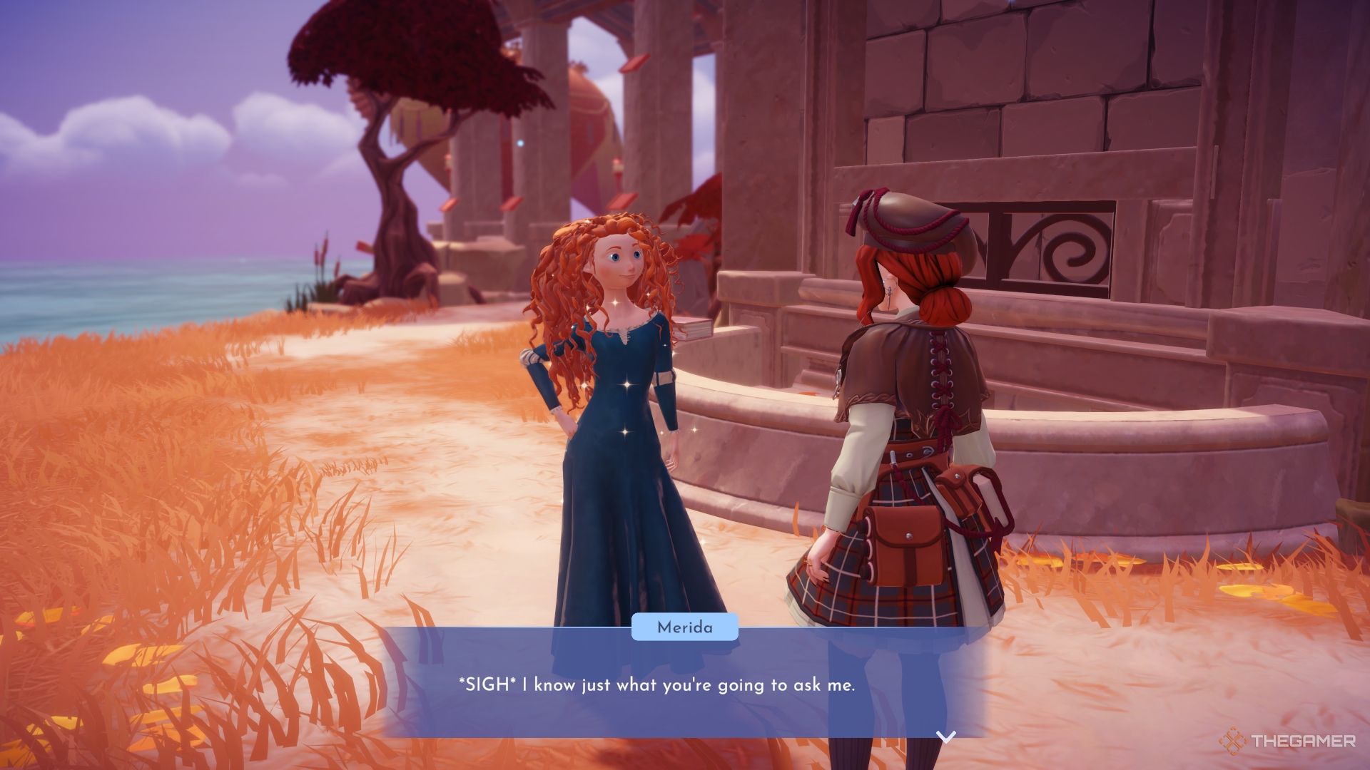 Merida sighs and says she knows what you're going to ask on the beach.