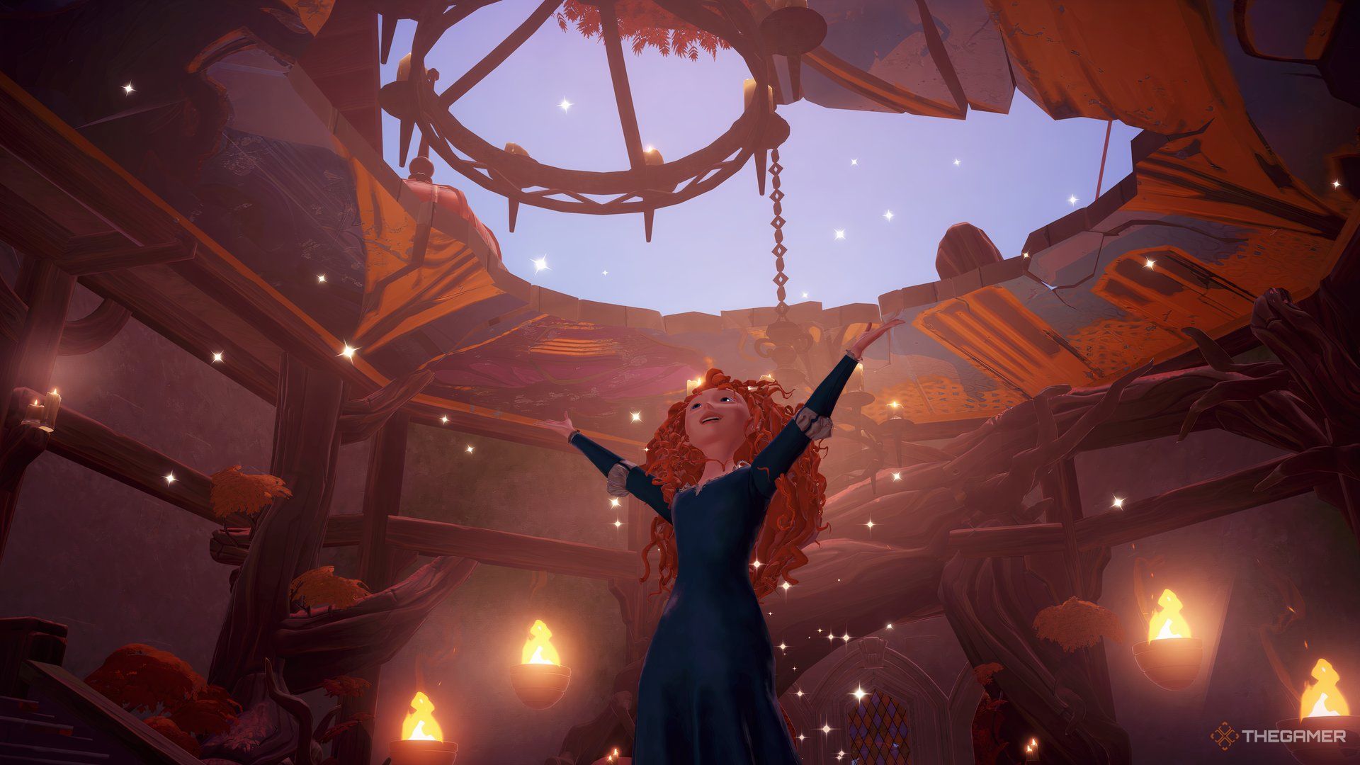 Merida throwing her arms up and twirling in the Lorekeeper's Library.
