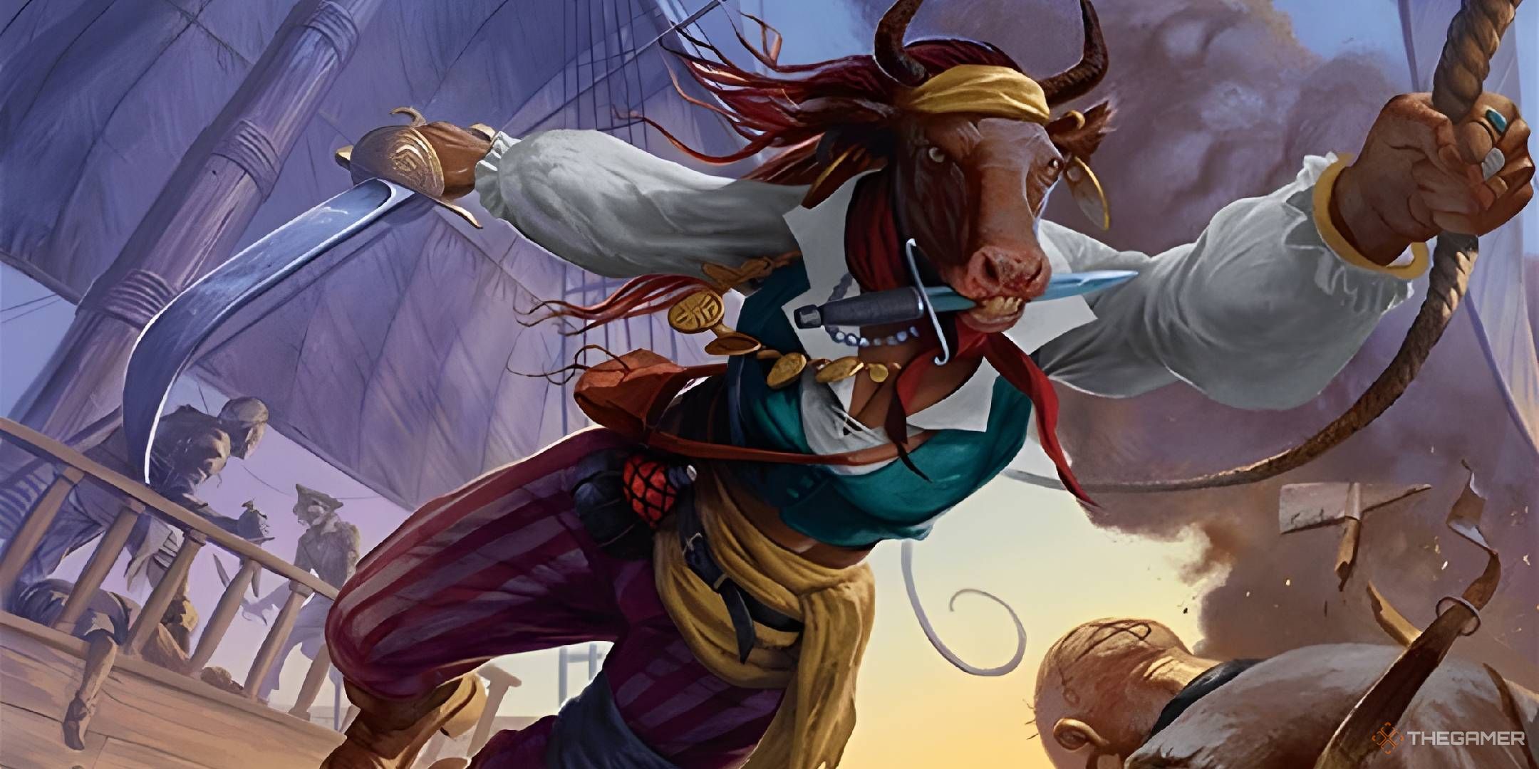 A female minotaur pirate swings across a ship deck, armed with a cutlass and dagger.
