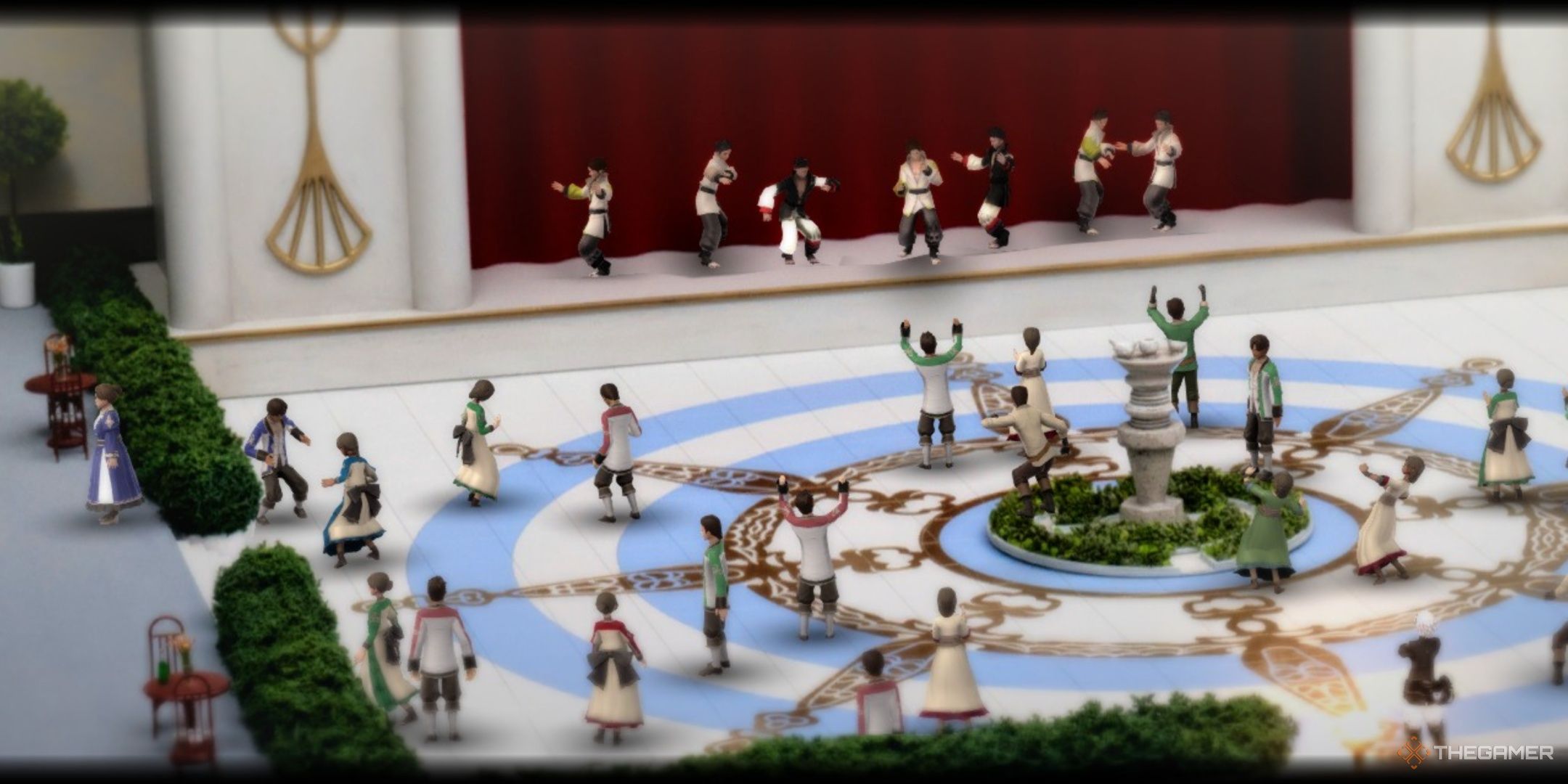 The hall of the uzra filled with passengers dancing in fantasian neo dimension.