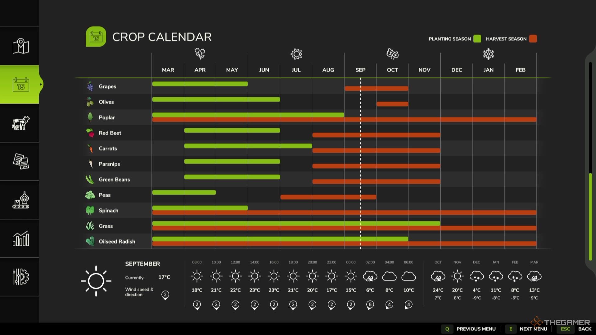The calendar showing the correct seasons for oilseed radishes in Farming Simulator 25.