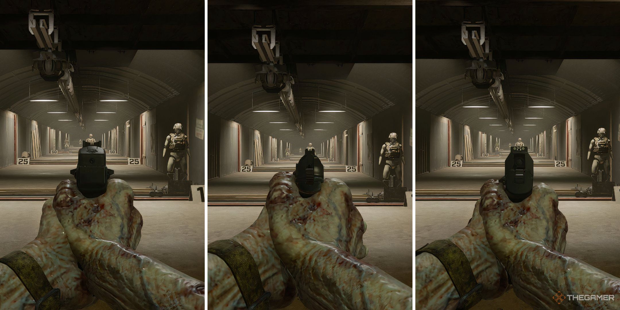 Aiming Down Sight with the Stryder .22, Grekhova, and GS45, respectively, in Call of Duty Black Ops 6's Firing Range.