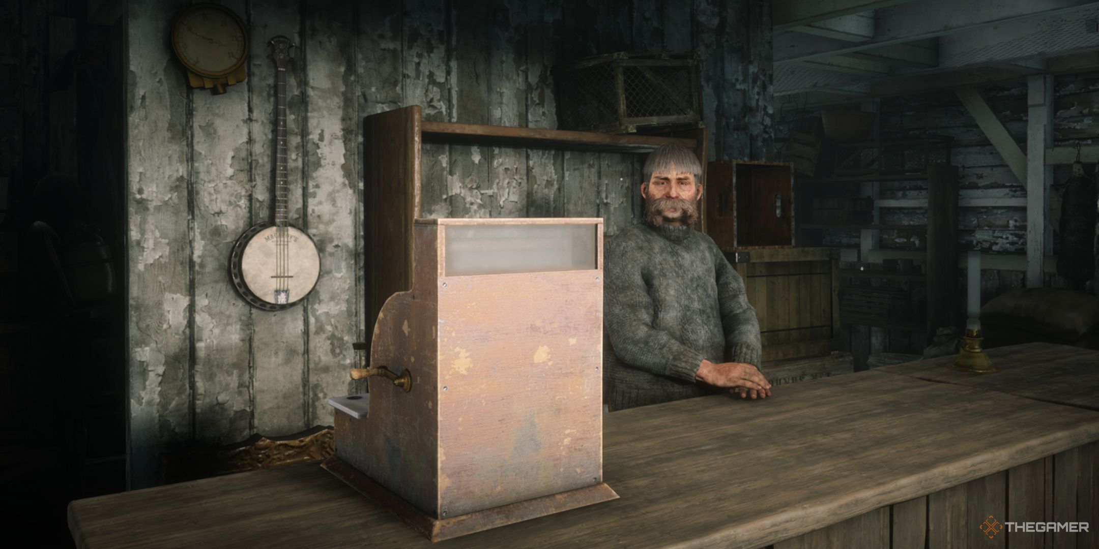 Red Dead Redemption 2 shopkeeper stood at his till.