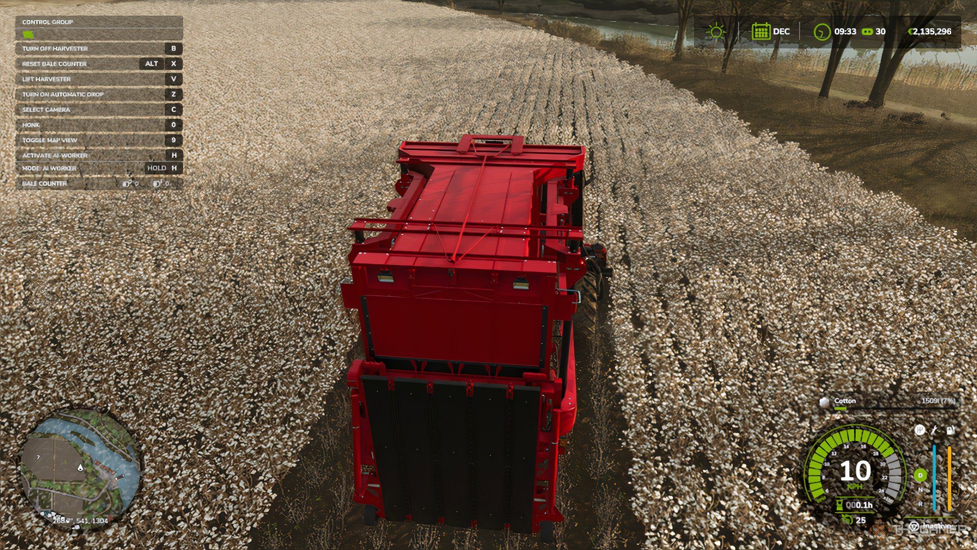 The cotton harvester is harvesting cotton in Farming Simulator 25.