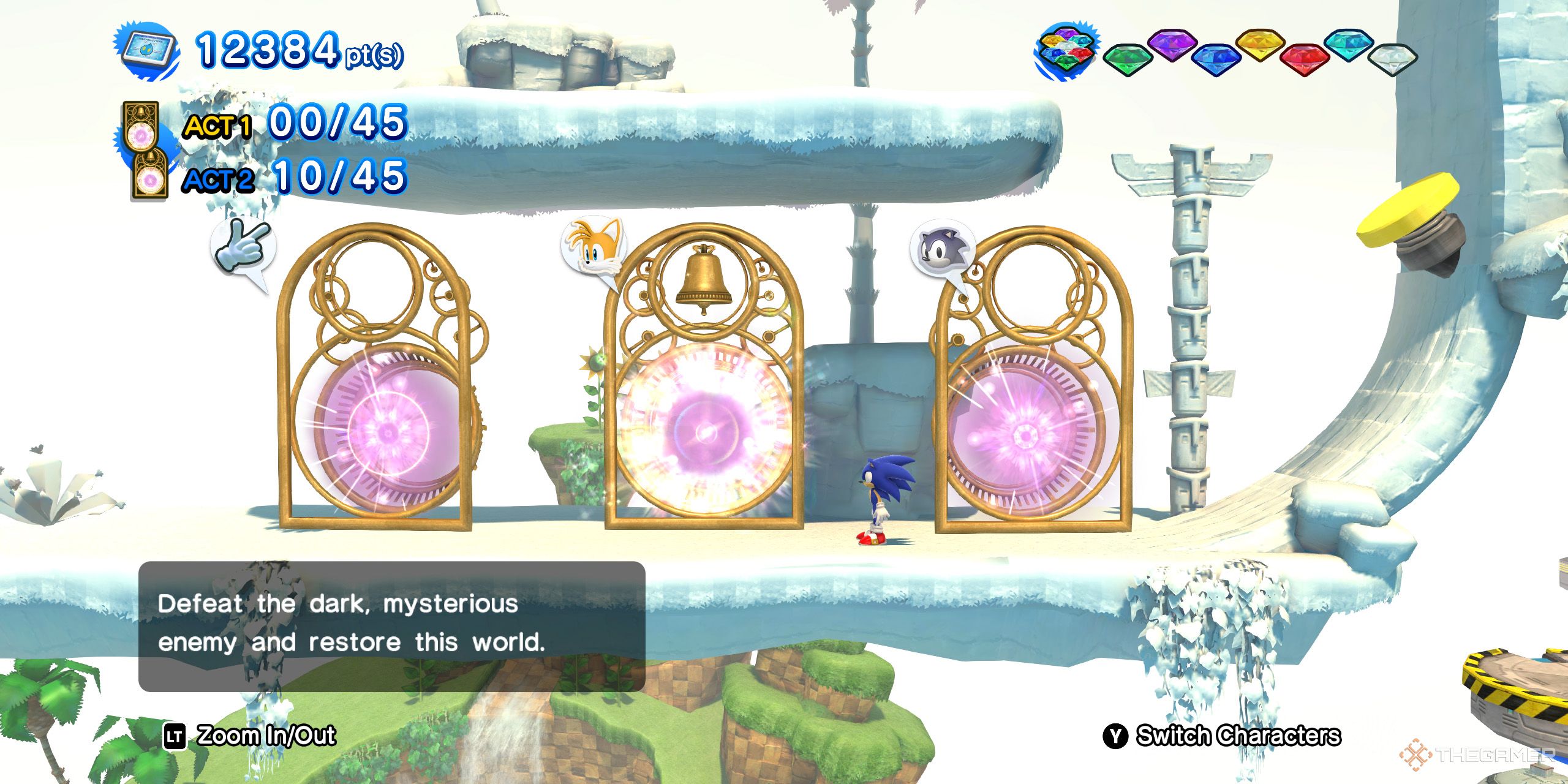 Sonic standing in front of three Challenge Acts from Sonic X Shadow Generations.