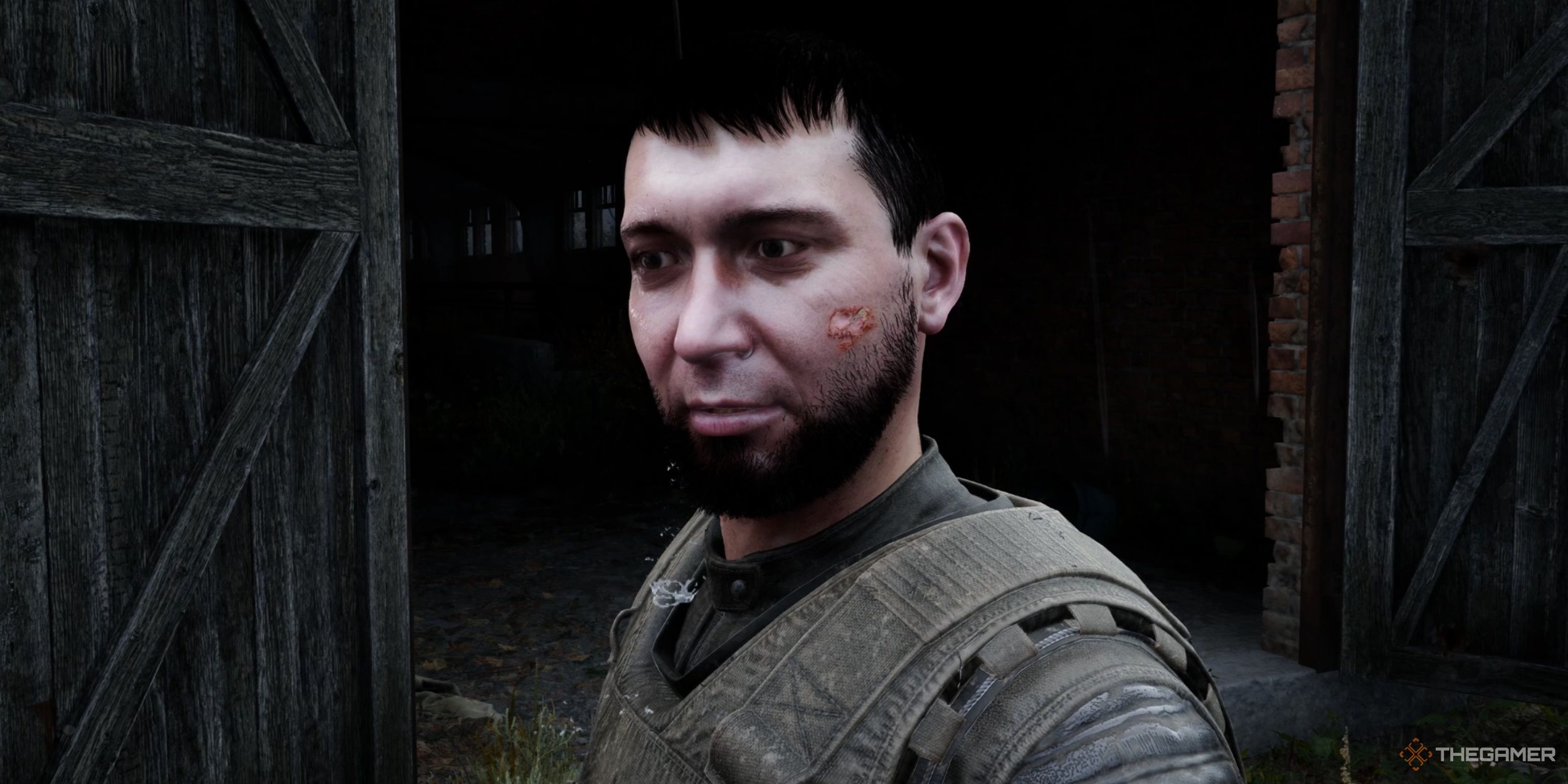 A banged up Nightingale standing in the rain in Stalker 2: Heart of Chornobyl.