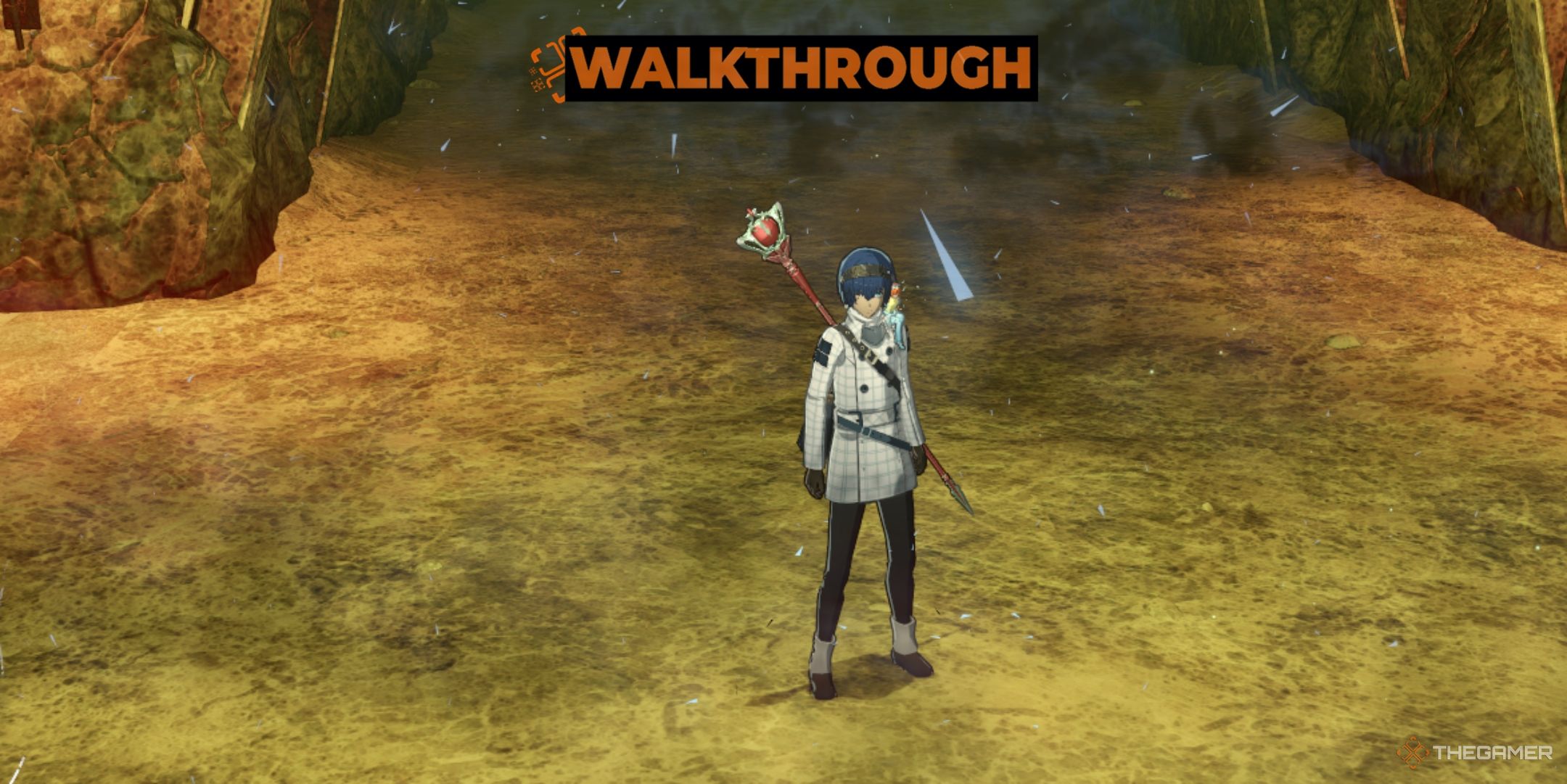 The Metaphor: ReFantazio protagonist near entrance of Scoundrel's Hold dungeon.