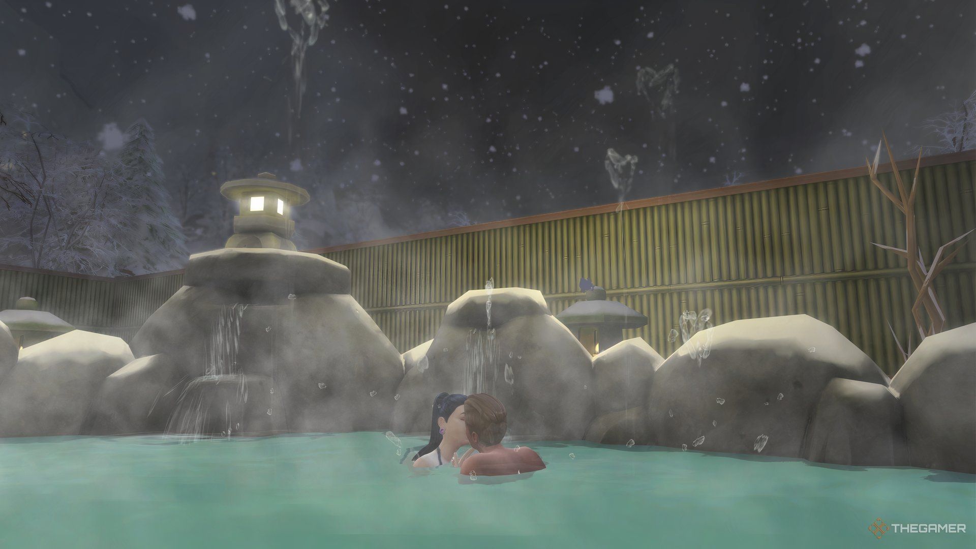 Two Sims woohooing in the hot spring in Mt. Komorebi in The Sims 4.