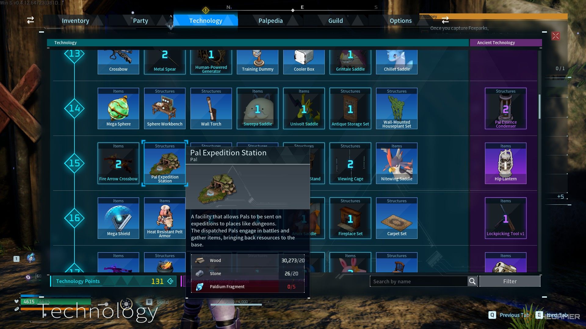 The Pal Expedition Station and required materials are displayed on the technology tab in Palworld.