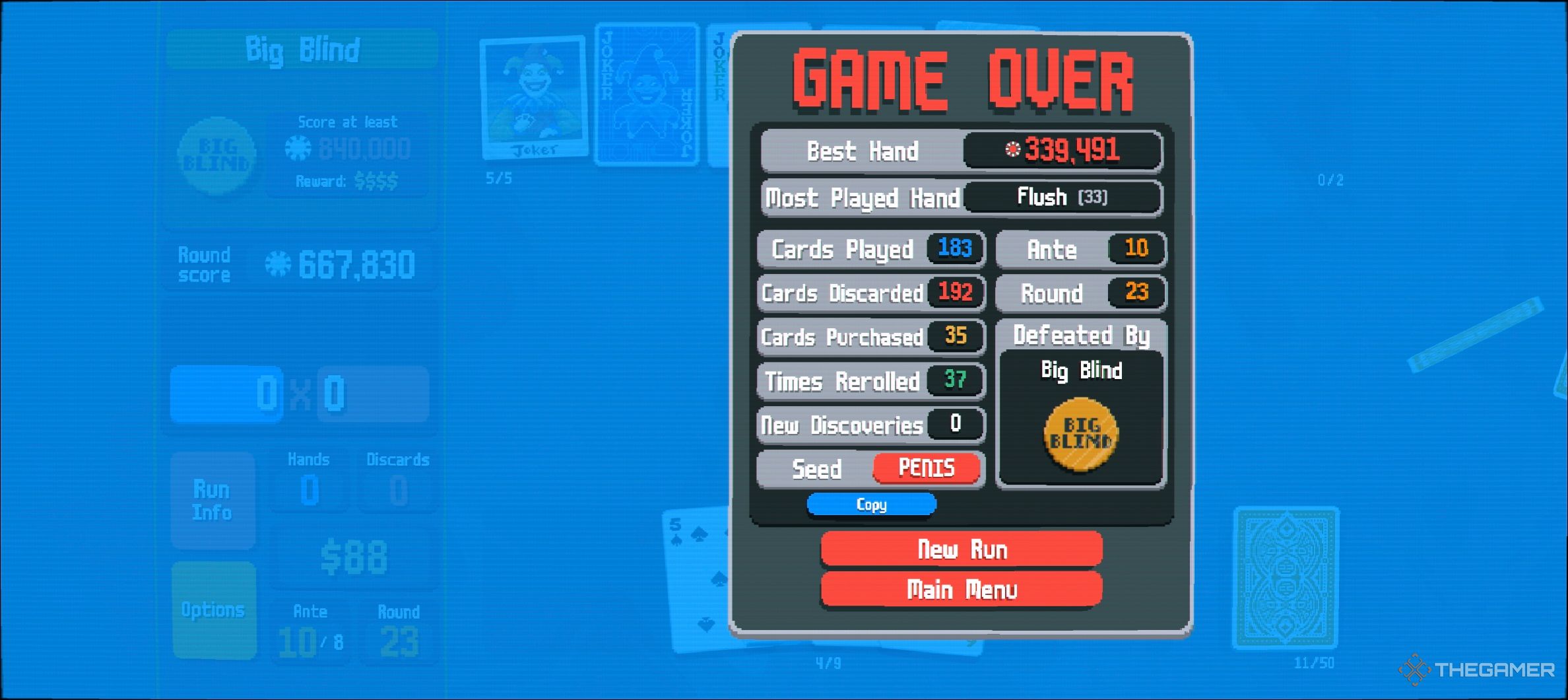 A game over screen in Balatro with a NSFW seed