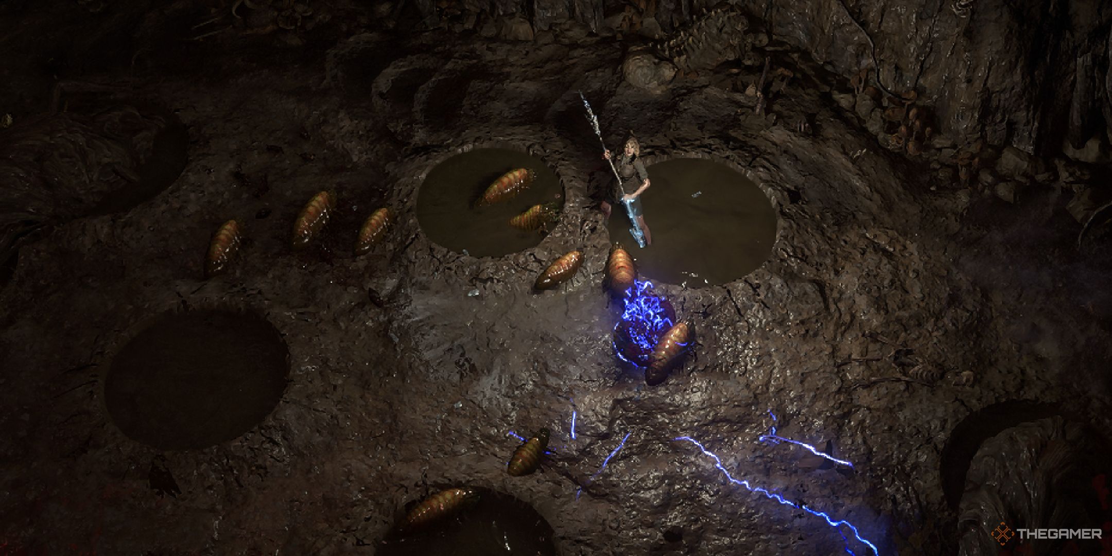 A player fighting little bugs in the Mud Burrows.