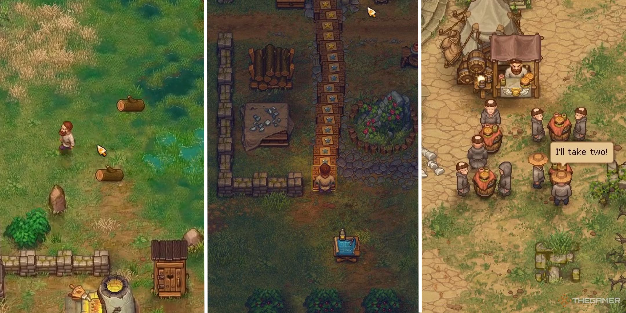 A split image showing three scenes from Graveyard Keeper.