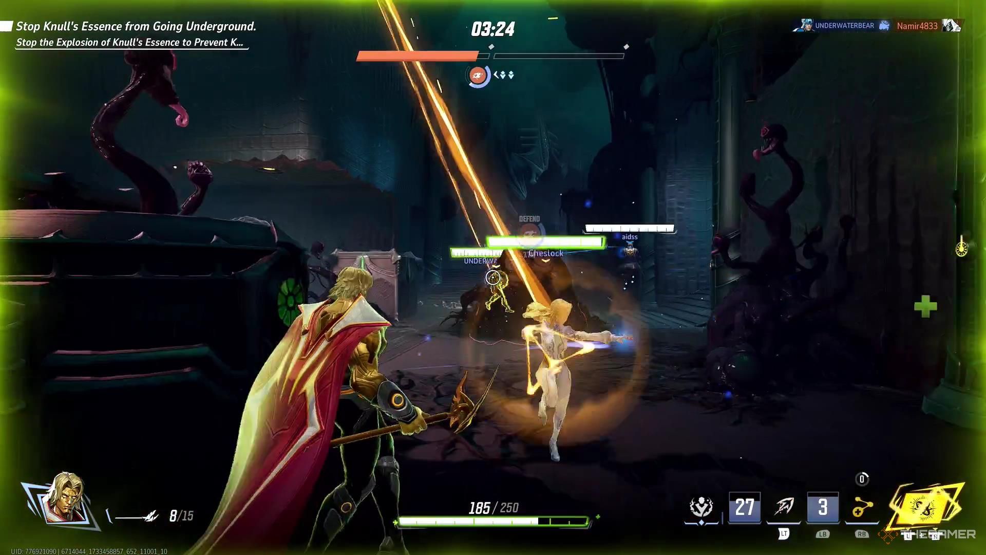Adam Warlock is positioned towards the back of the group in Marvel Rivals, but still close enough he can reach every ally with a heal.