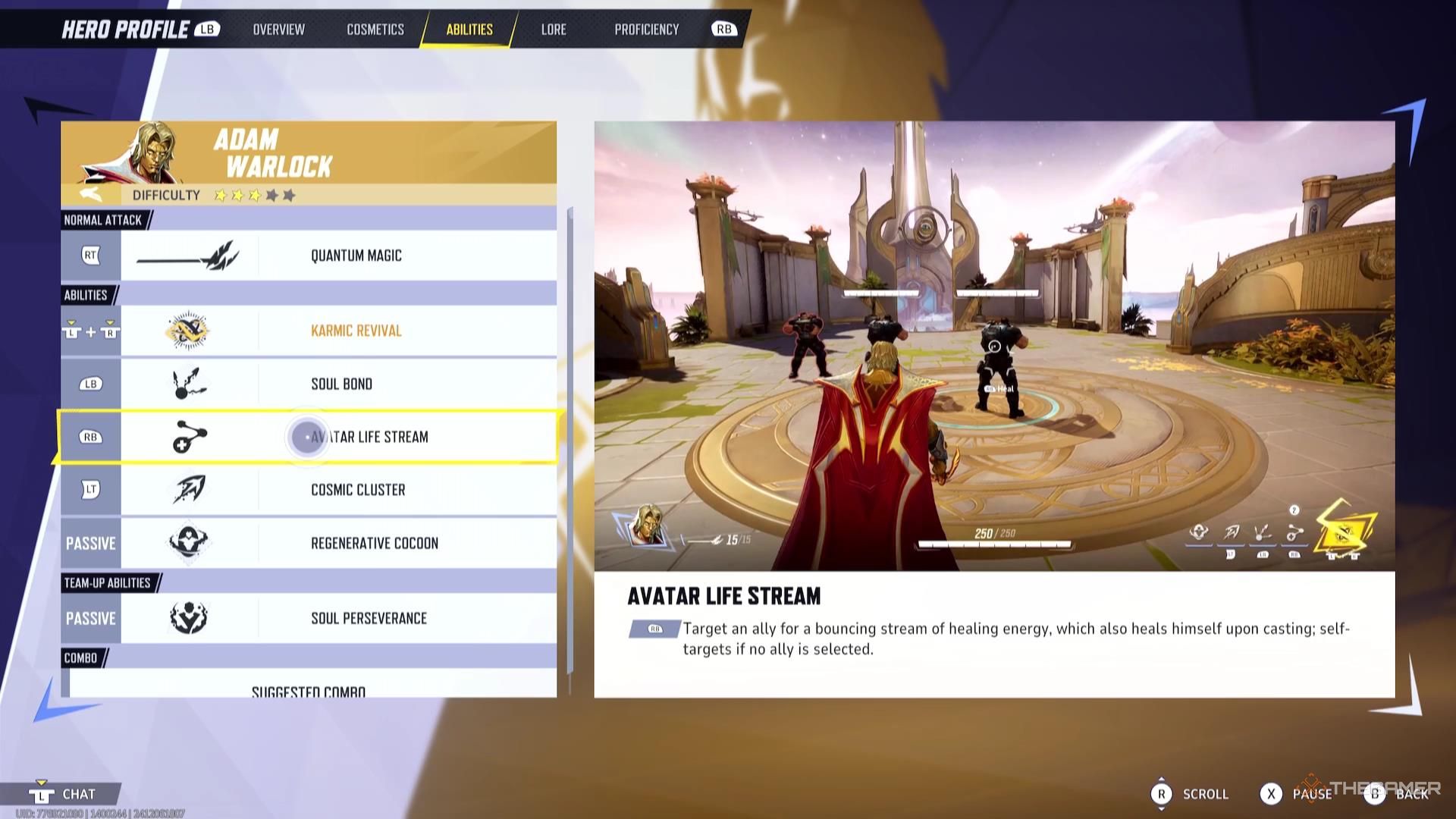 The Avatar Life Stream description for Adam Warlock in Marvel Rivals.