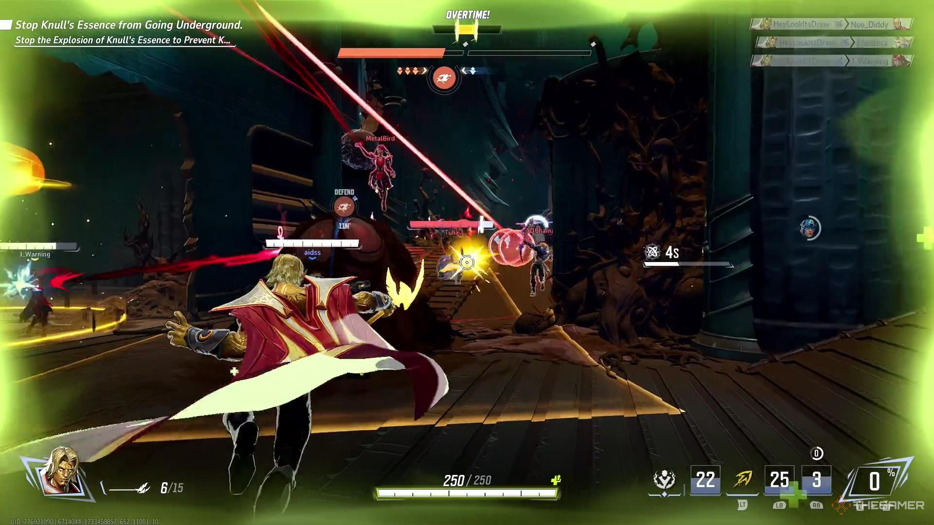 Adam Warlock using his Cosmic Cluster attack to deal a massive amount of damage to an enemy Jeff in Marvel Rivals.