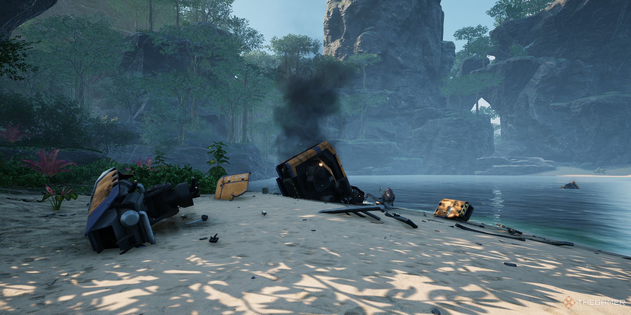 A crash site containing a Hard Drive on the beach.