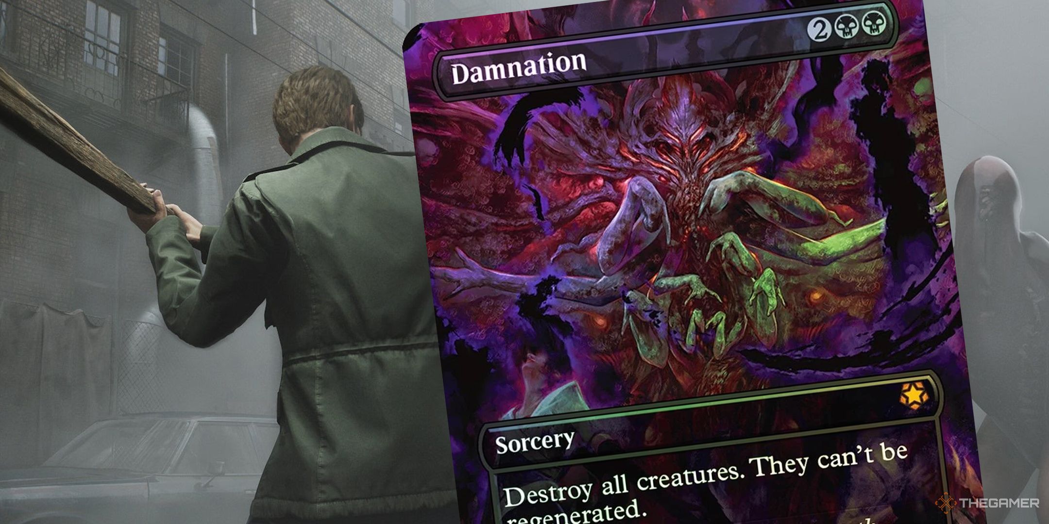 Damnation MTG card over Silent Hill 2 Remake screenshot of James Sunderland fighting a monster. 