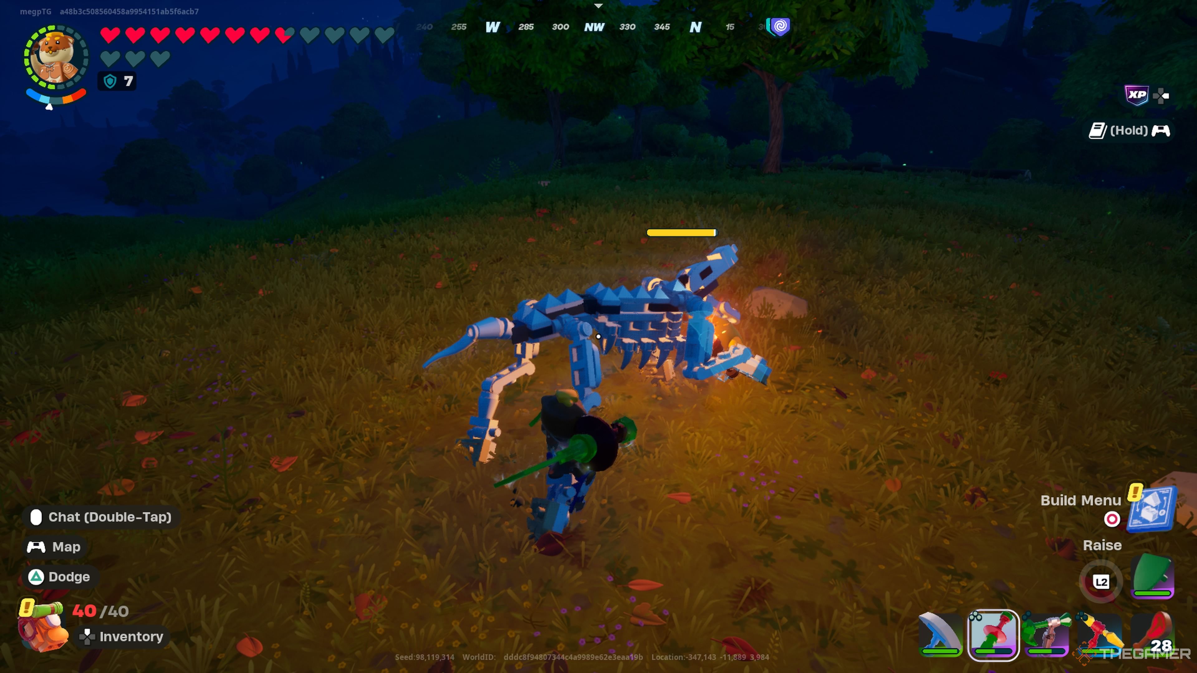 Doughberman and Peely taking on a Bone Wolf in Lego Fortnite Odyssey.