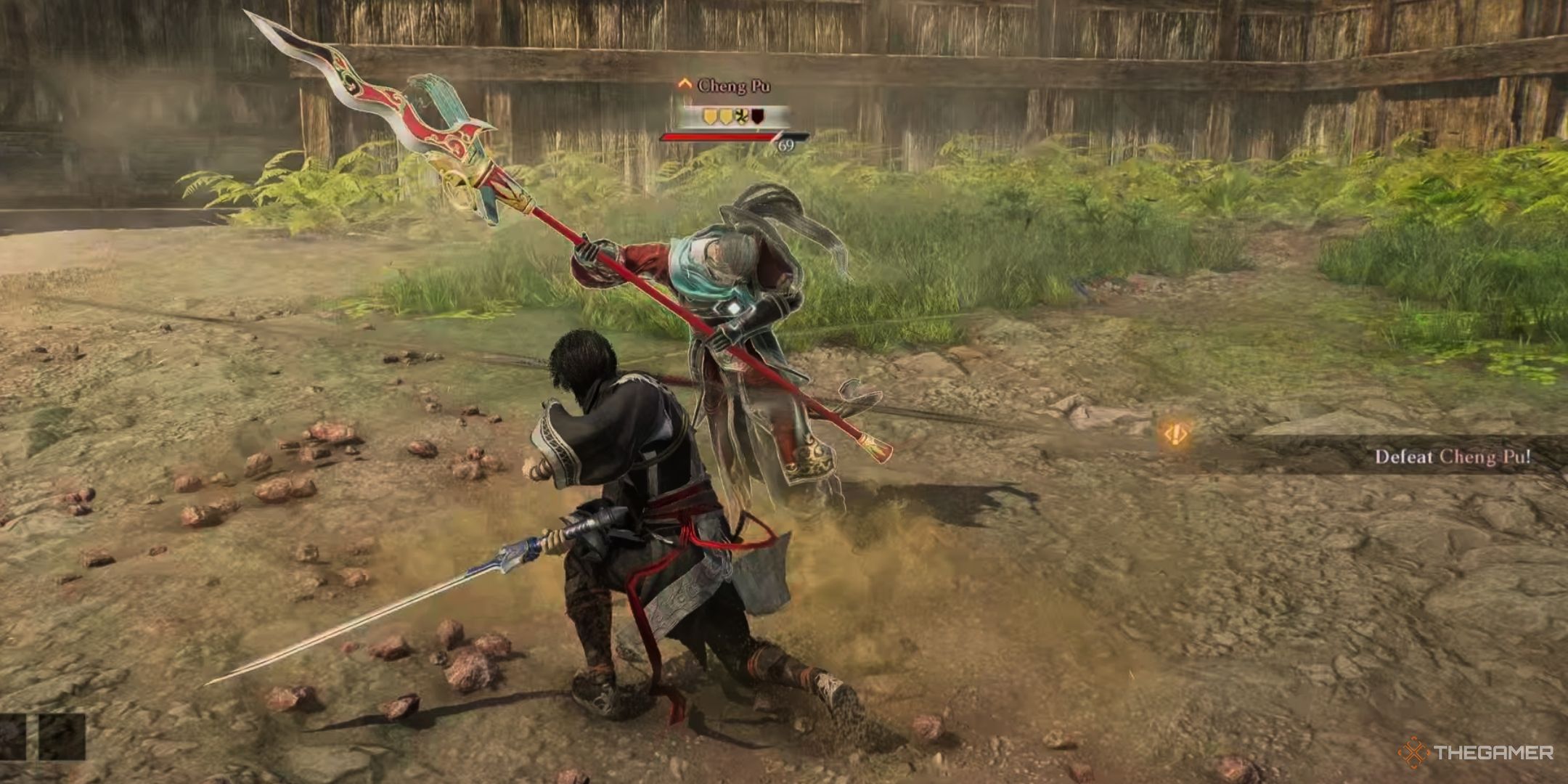 the Wanderer fights Cheng Pu while wielding a sword in Dynasty Warriors: Origins.