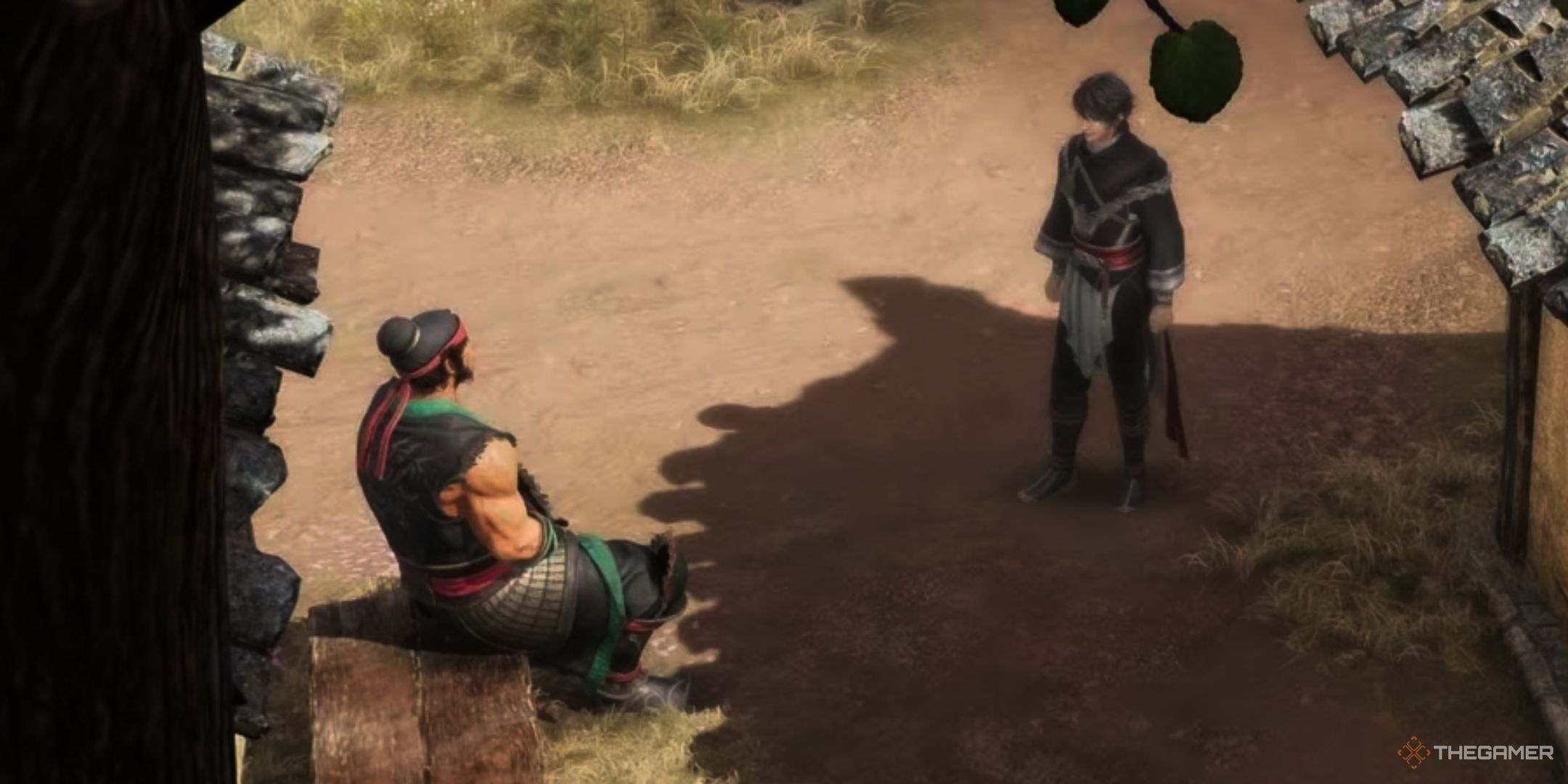 Zhang Fei and the Wanderer chat under a village tree in Dynast Warriors: Origins.