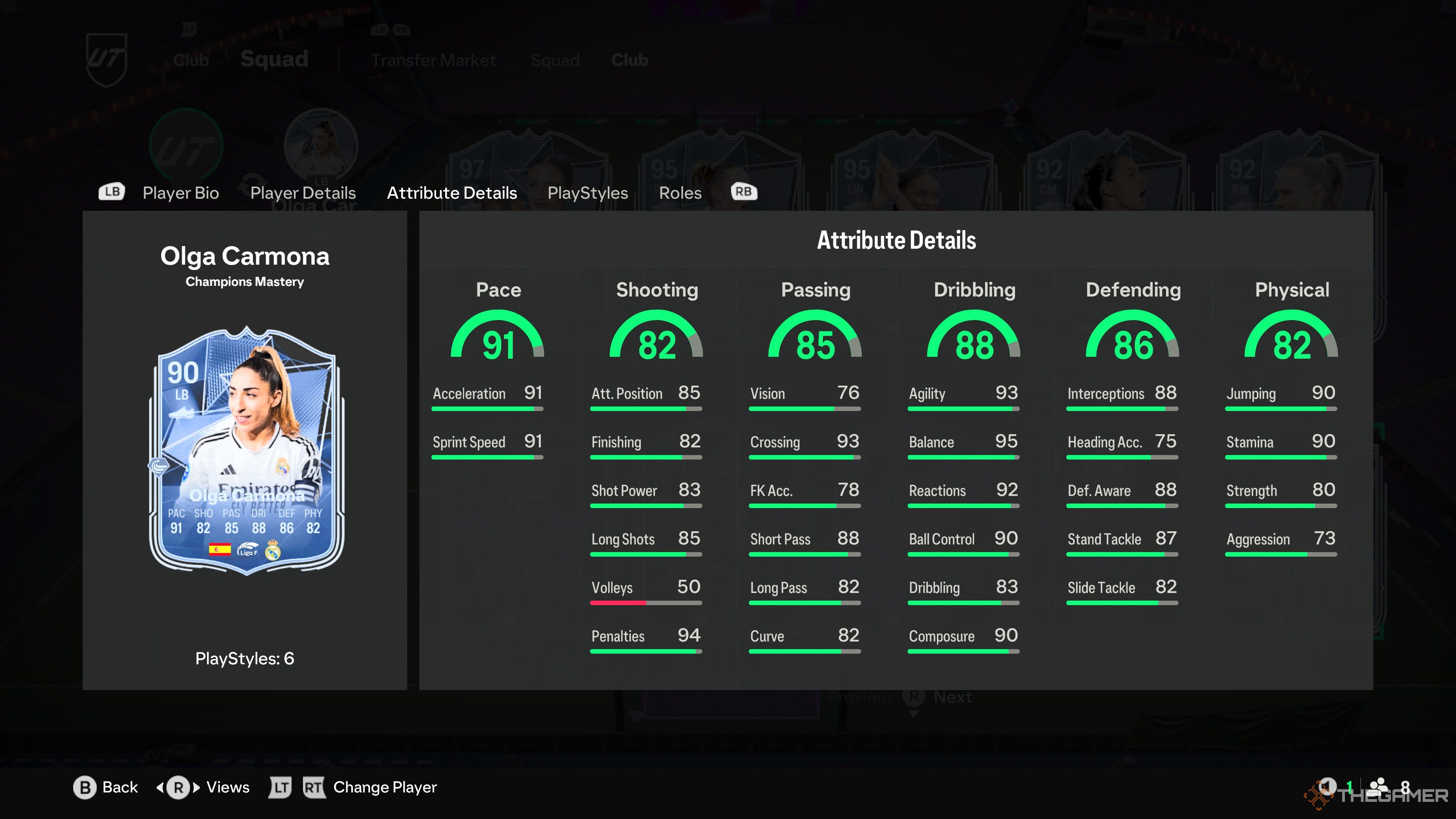 Olga Carmona's card attributes in EA Sports FC 25.
